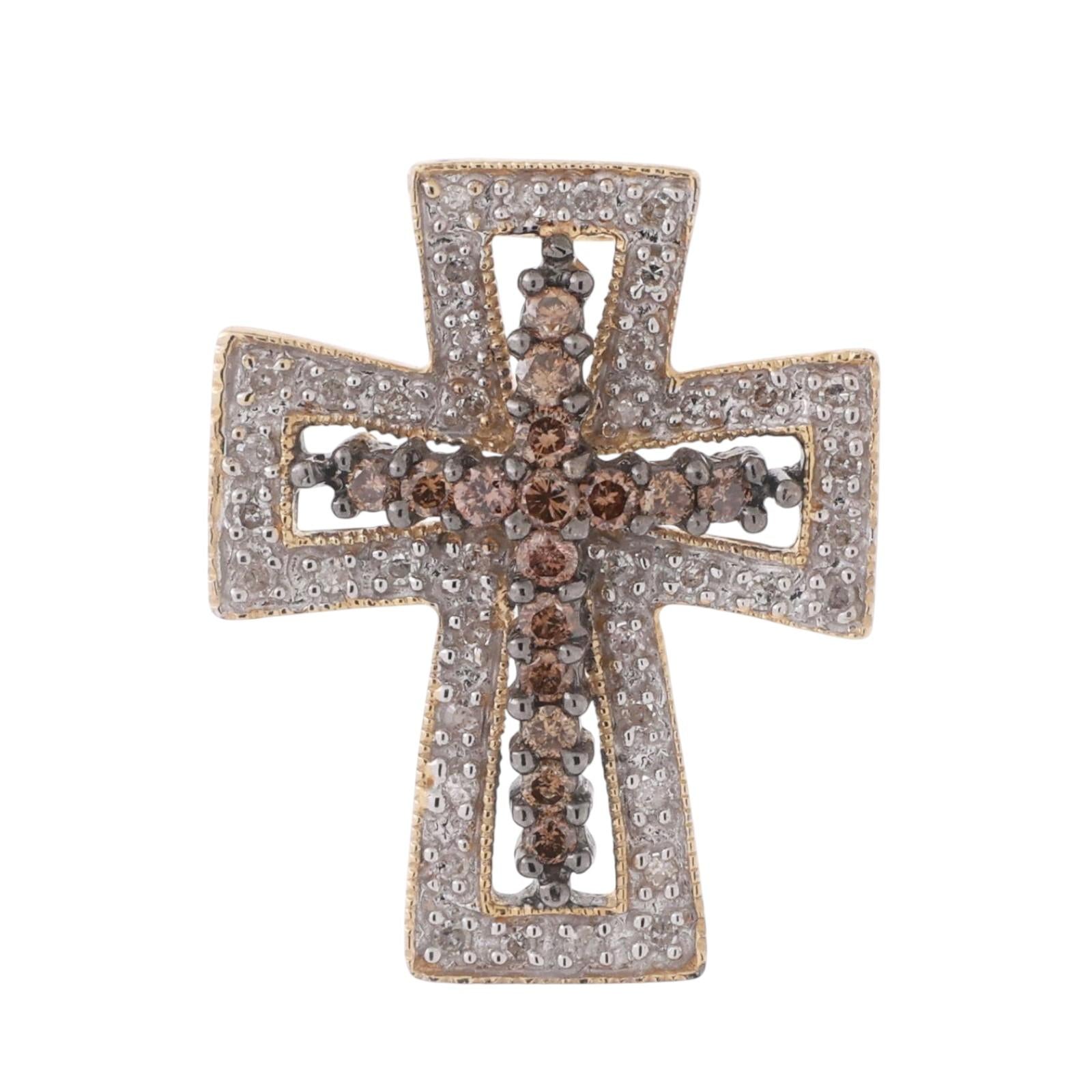 Diamond Cross Pendant Charm 14K Gold 0.66 TW Cognac White Diamonds 0.90"