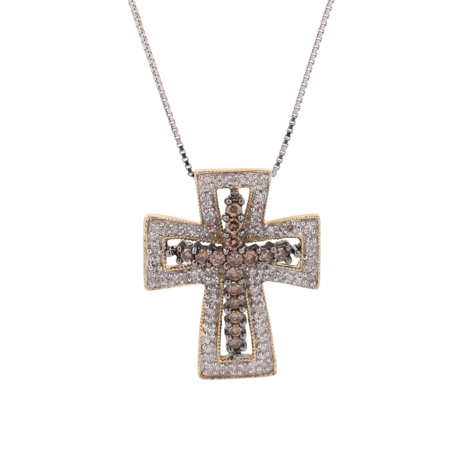 14K Two Tone Gold 0.54CTW Natural Cognac & White Diamond Cross Pendant Necklace