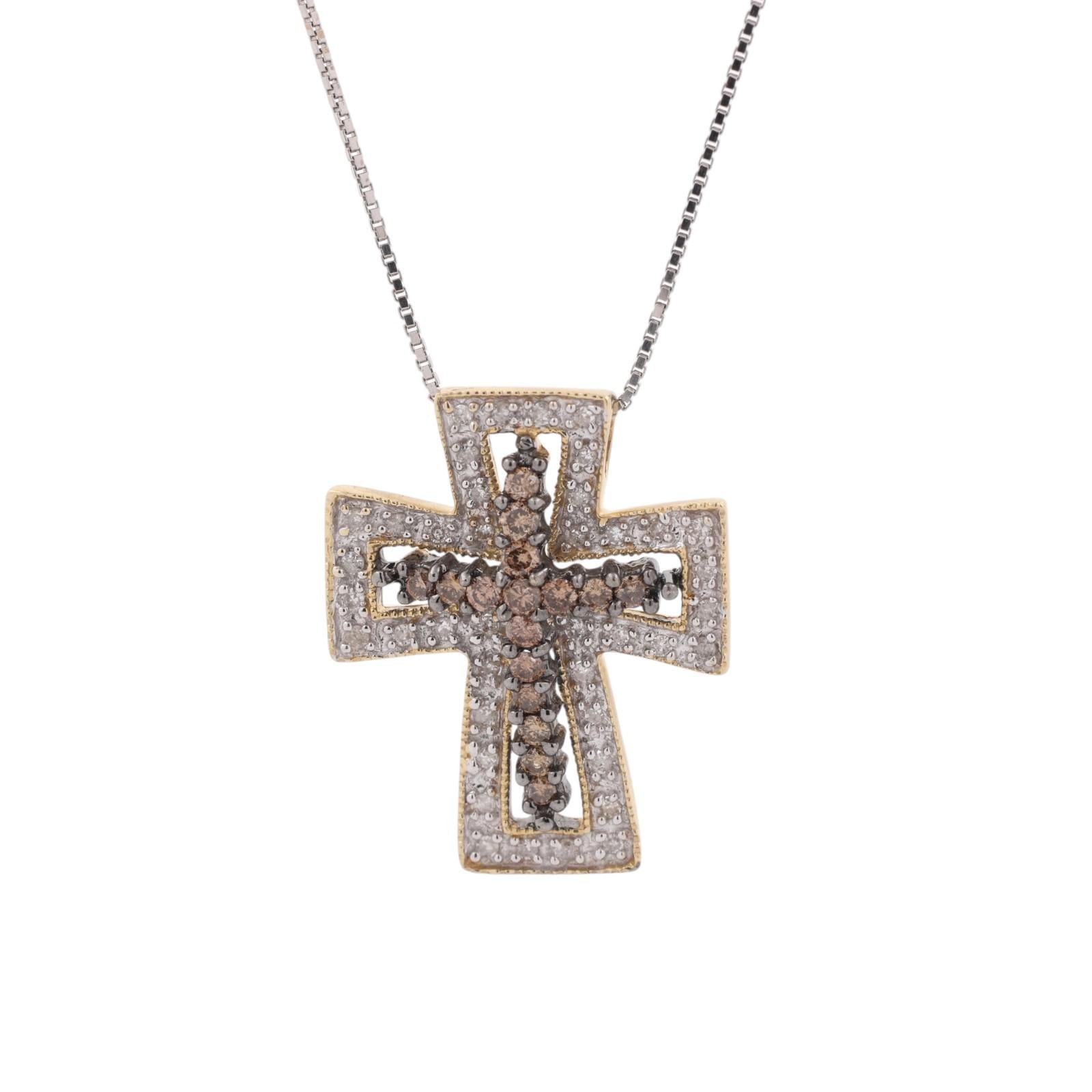 14K Two Tone Gold 0.54CTW Natural Cognac & White Diamond Cross Pendant Necklace