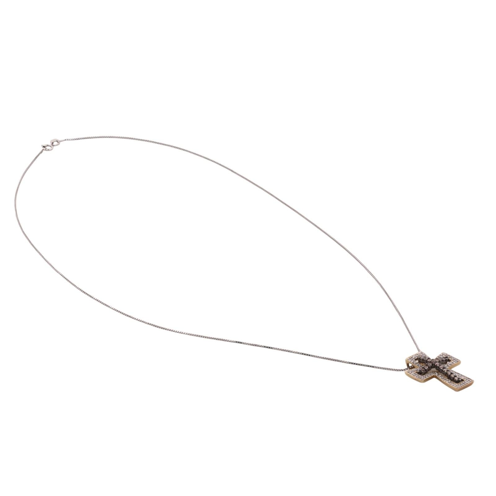 14K Two Tone Gold 0.54CTW Natural Cognac & White Diamond Cross Pendant Necklace