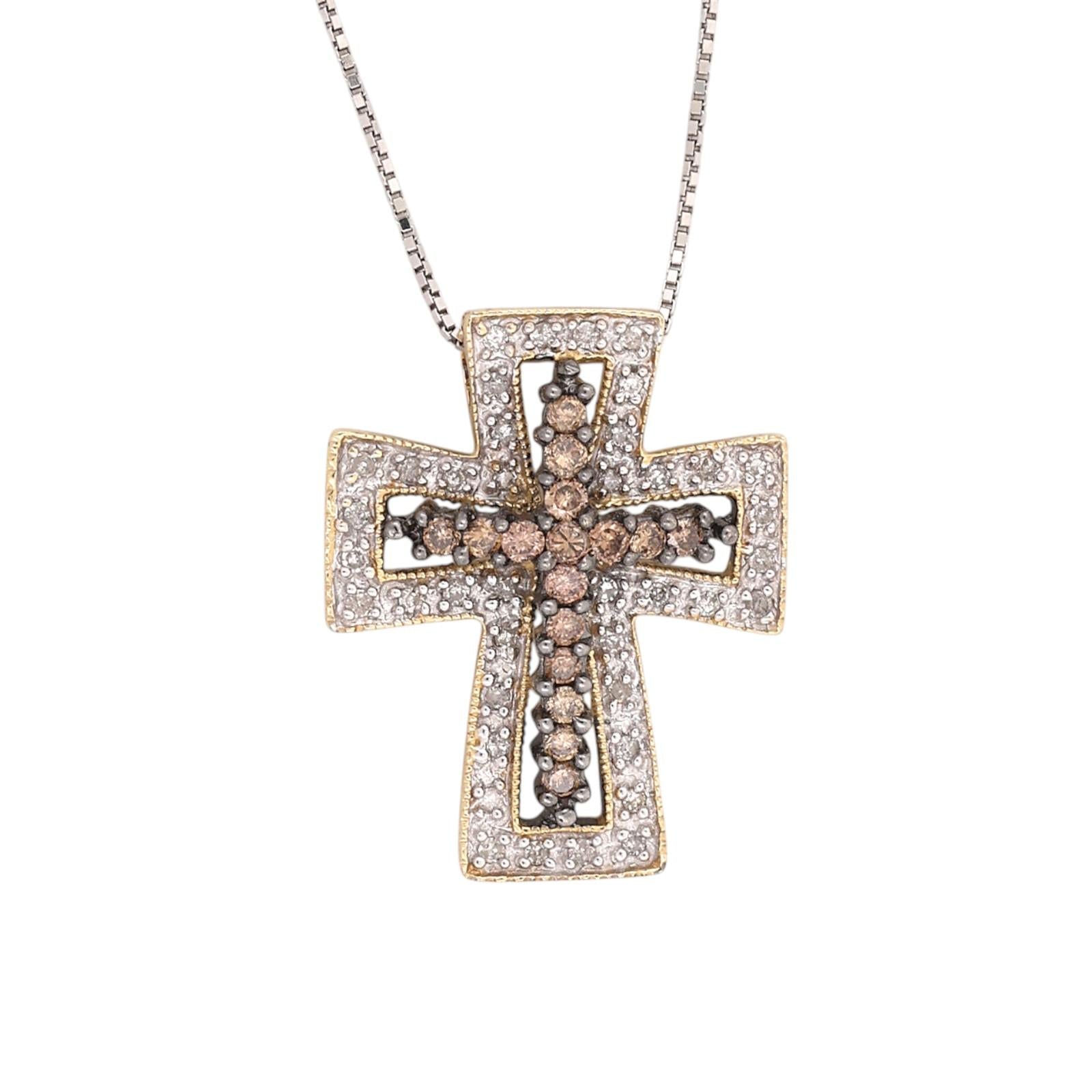 14K Two Tone Gold 0.54CTW Natural Cognac & White Diamond Cross Pendant Necklace