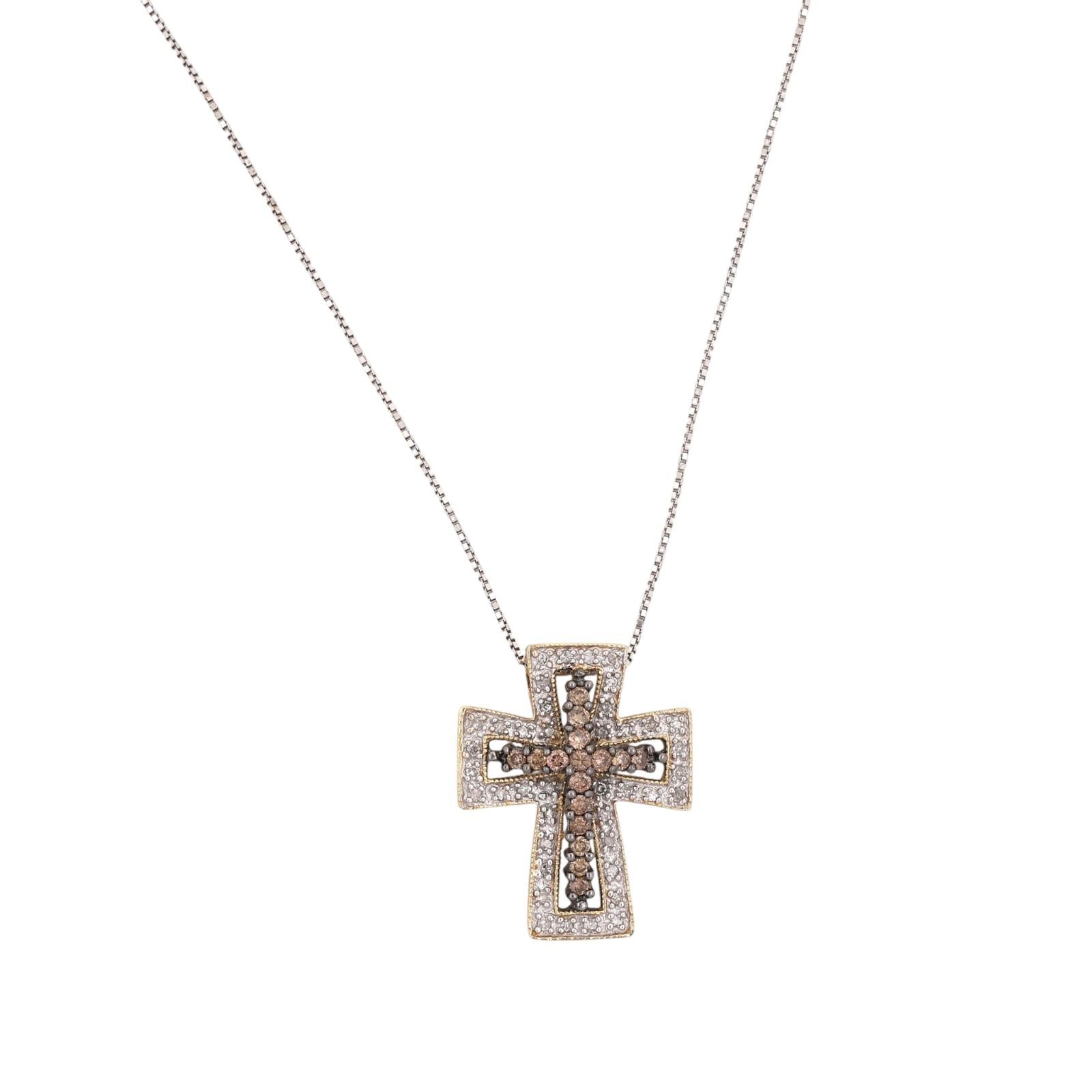 14K Two Tone Gold 0.54CTW Natural Cognac & White Diamond Cross Pendant Necklace