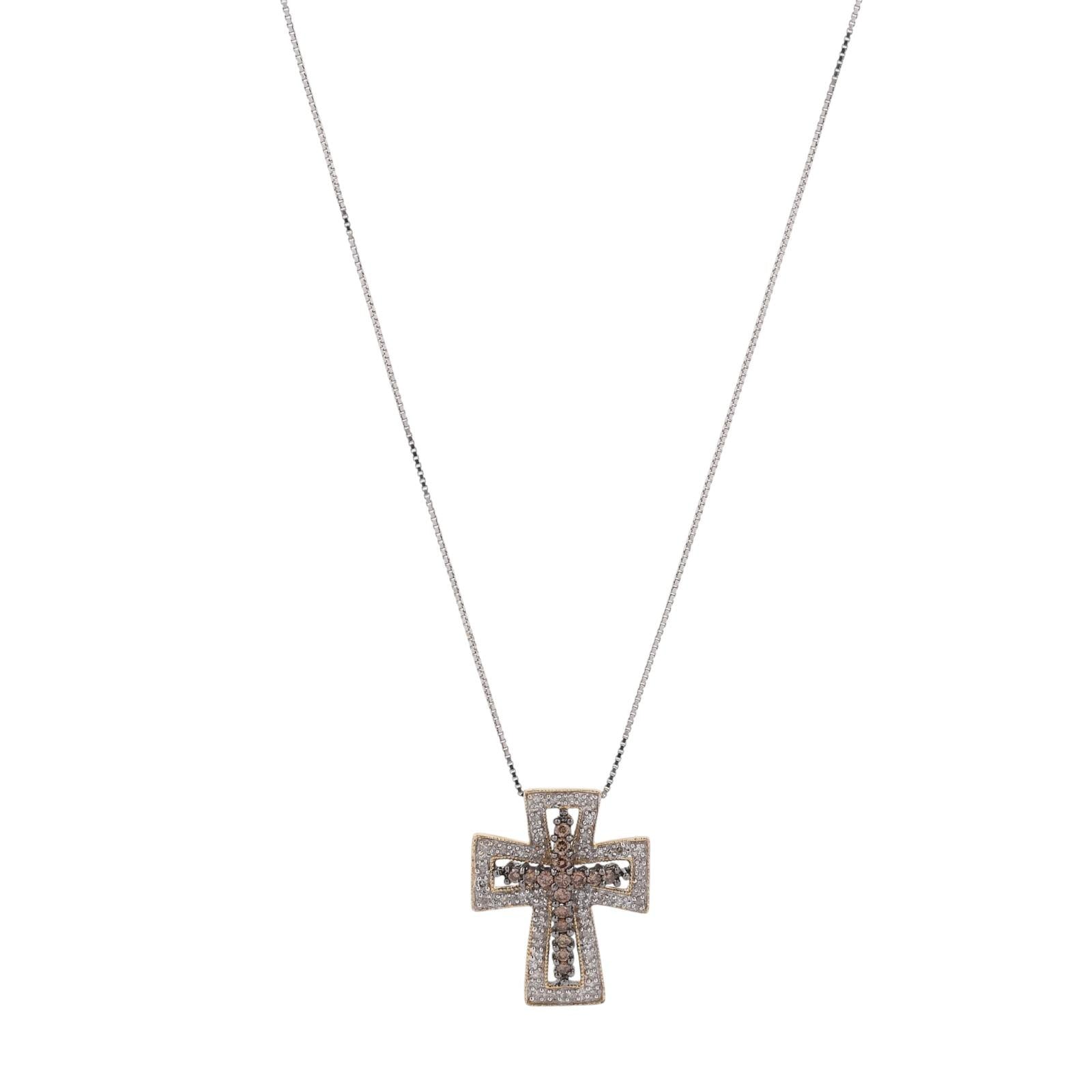 14K Two Tone Gold 0.54CTW Natural Cognac & White Diamond Cross Pendant Necklace