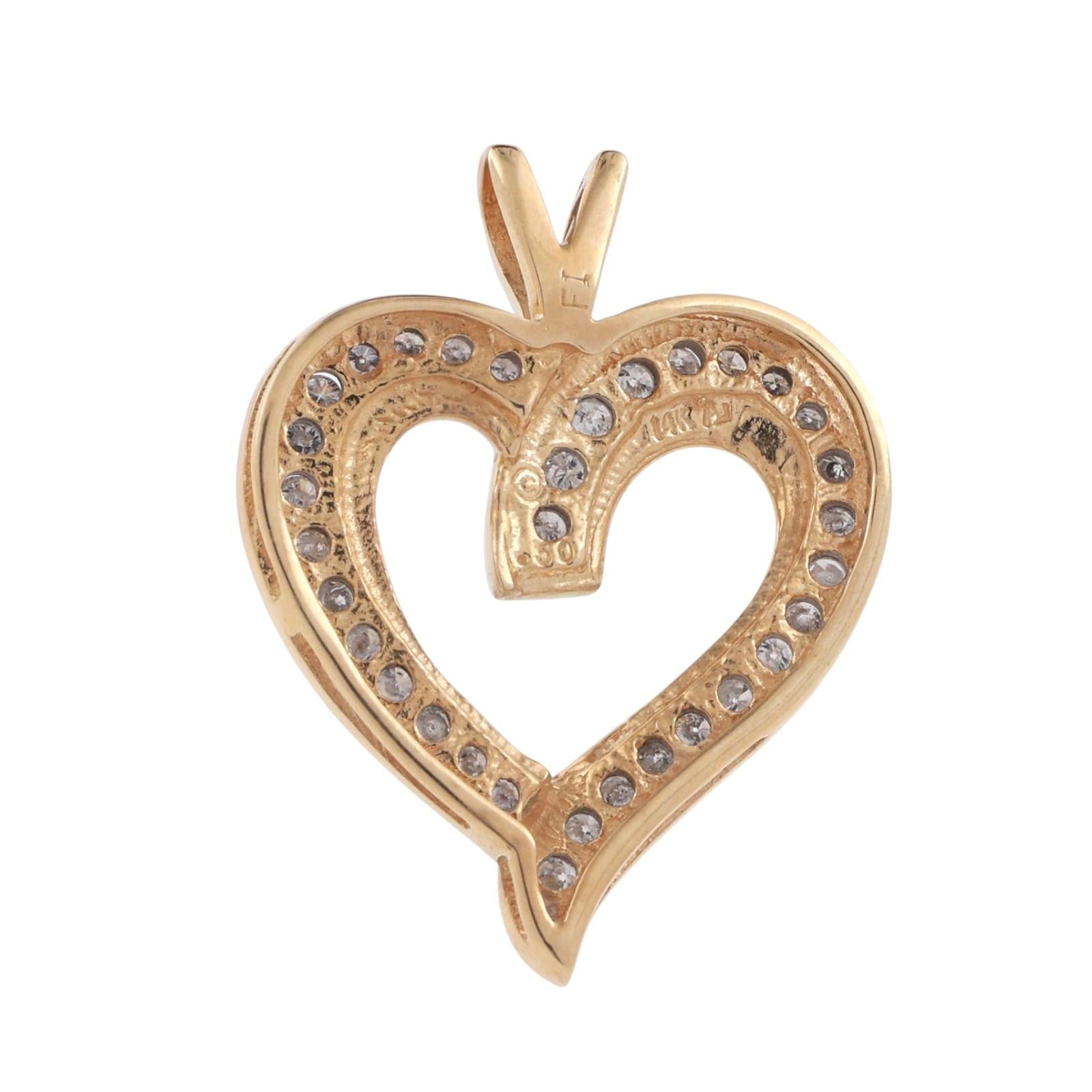 Diamond Open Heart Pendant 14K Gold 0.50 TW Channel Set 1" Ladies Estate