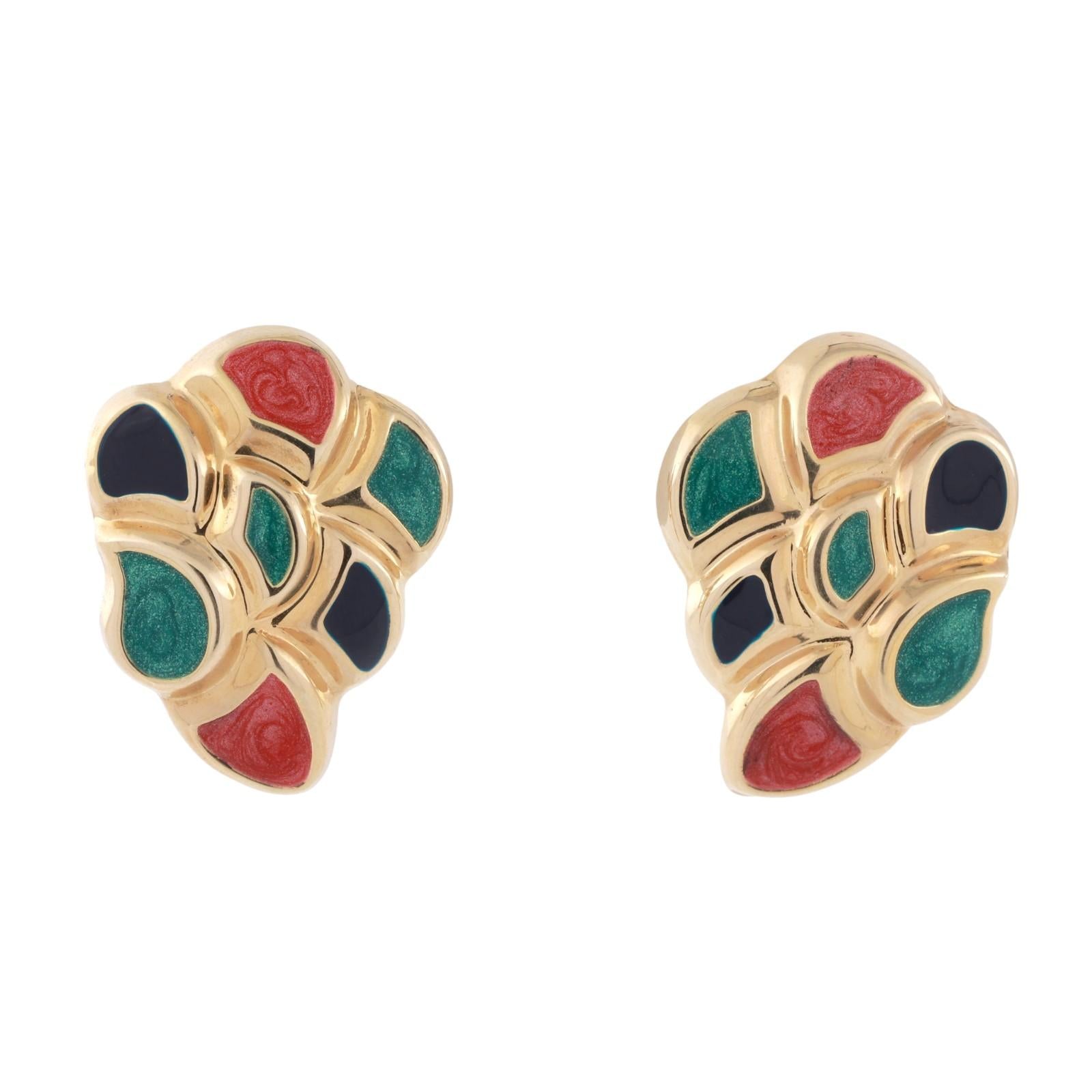 Multi-Colored Enamel Inlay Earrings 14K Yellow Gold Omega Backs 0.82" Ladies