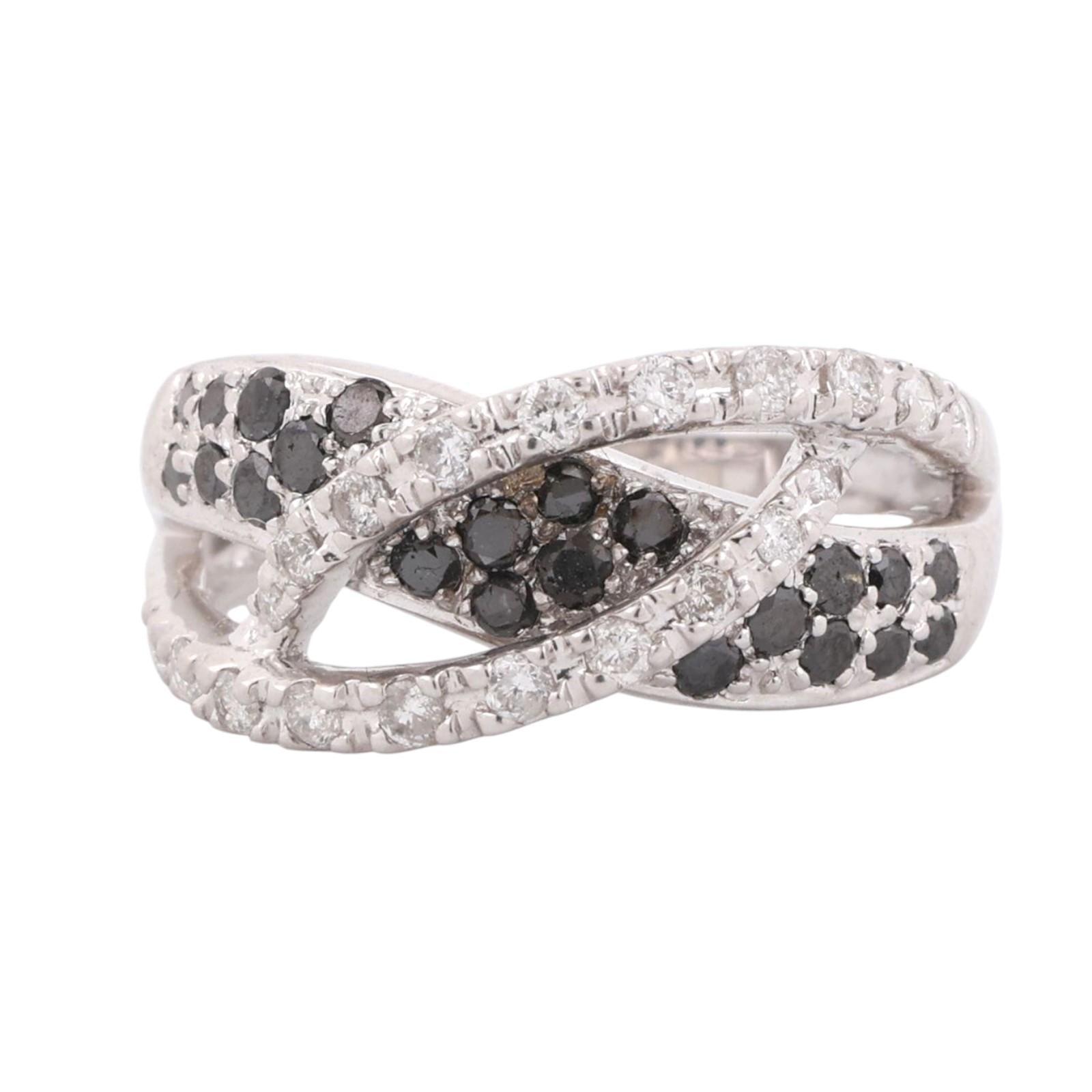 1.00 TW Black White Diamond Crossover Ring 14K White Gold Size 8 Estate