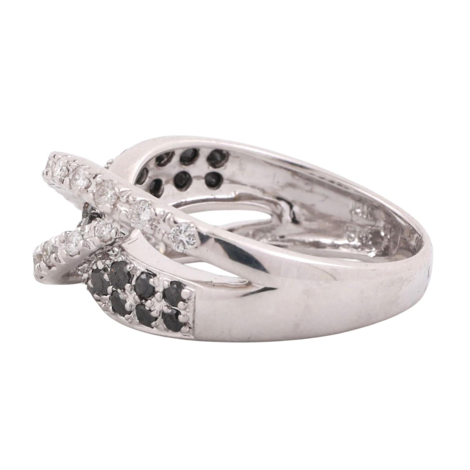 1.00 TW Black White Diamond Crossover Ring 14K White Gold Size 8 Estate