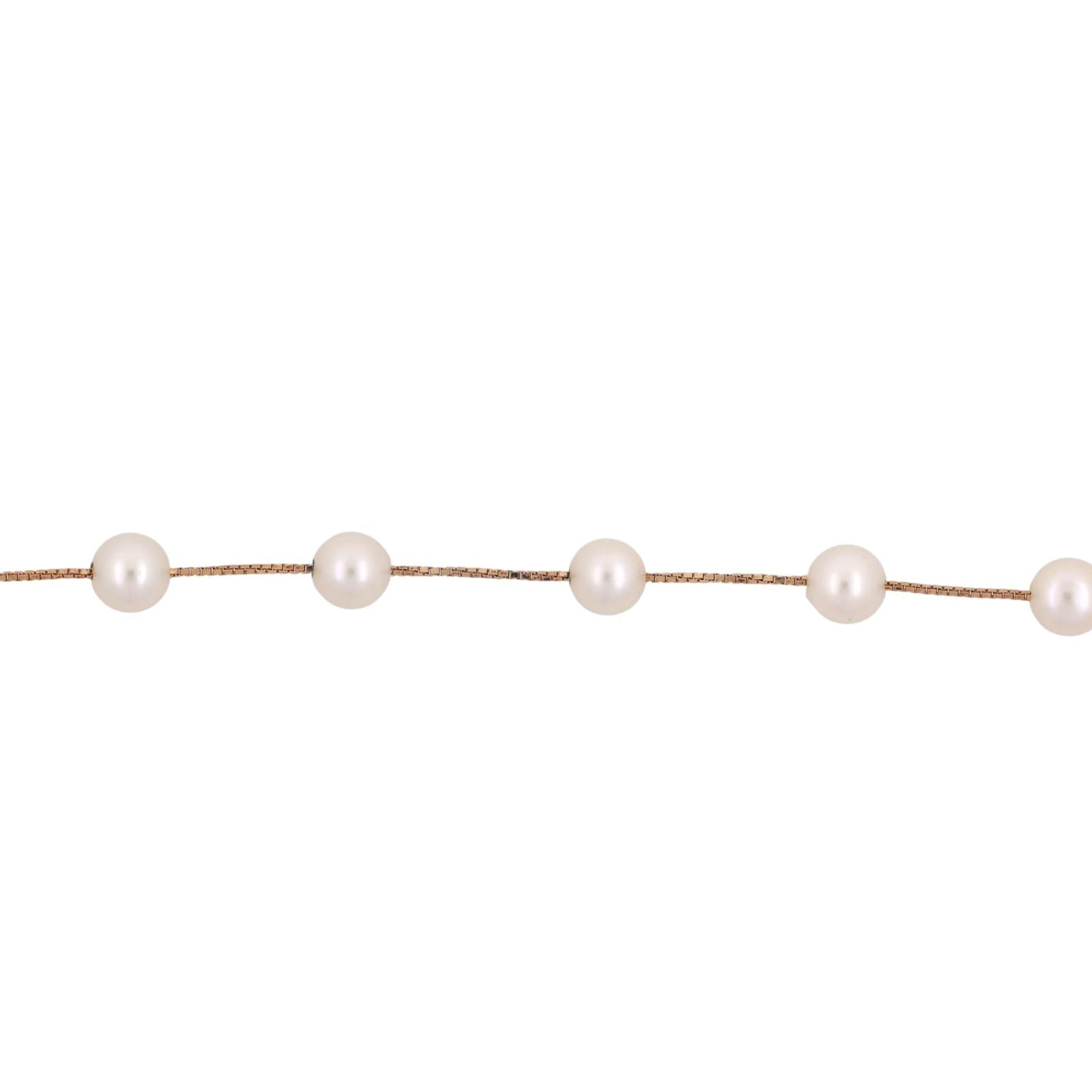 Cultured Akoya Pearl Station Necklace 14K Yellow Gold Box Chain 17.25" Ladies