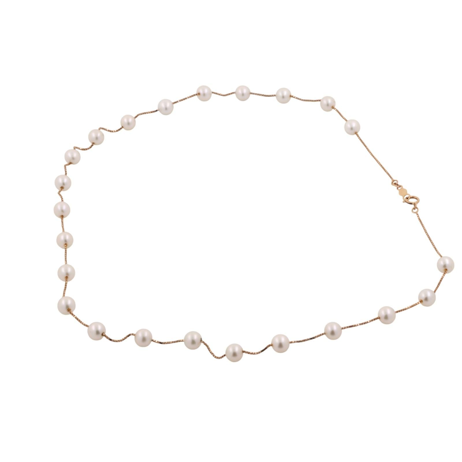 Cultured Akoya Pearl Station Necklace 14K Yellow Gold Box Chain 17.25" Ladies