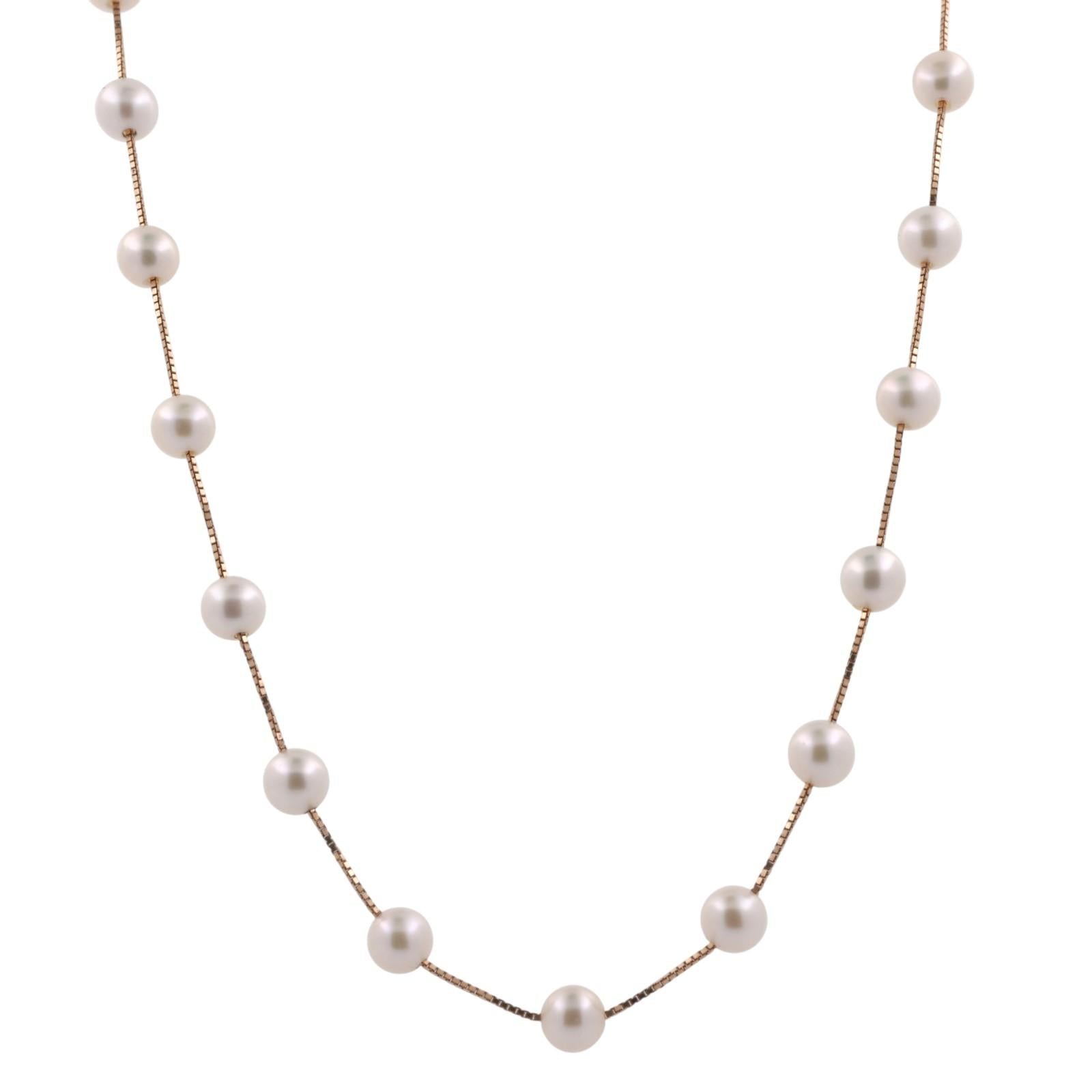 Cultured Akoya Pearl Station Necklace 14K Yellow Gold Box Chain 17.25" Ladies