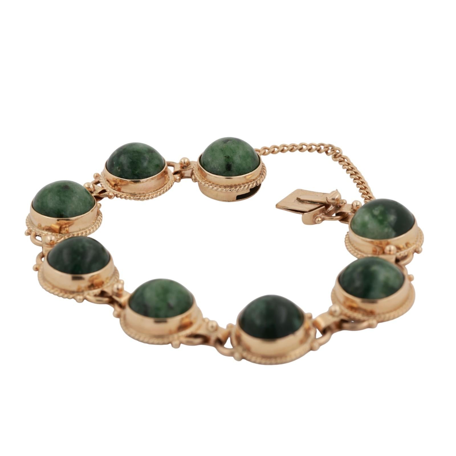 Cabochon Jadeite Gemstone Station Bracelet Yellow Gold 6.75" Unisex Estate