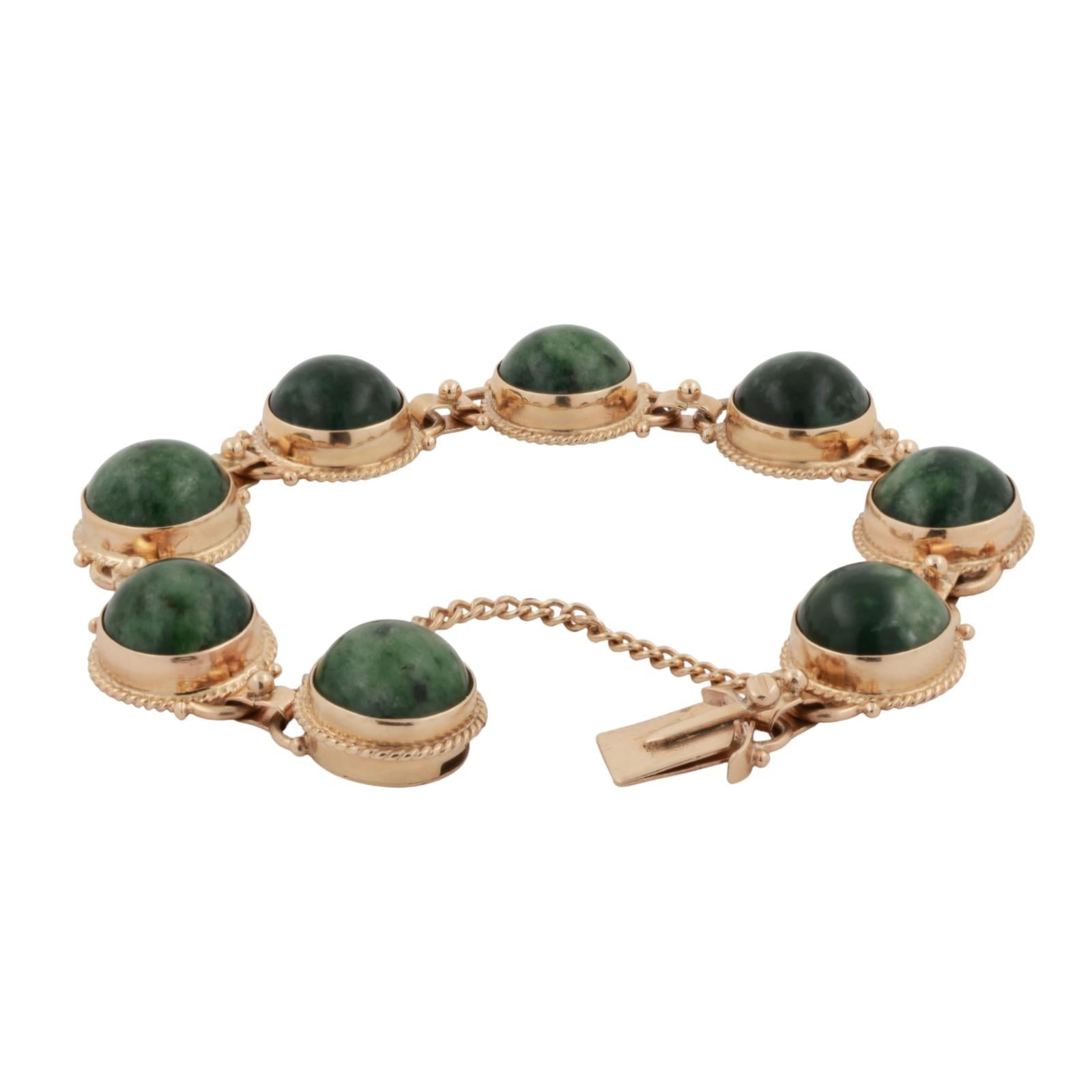 Cabochon Jadeite Gemstone Station Bracelet Yellow Gold 6.75" Unisex Estate