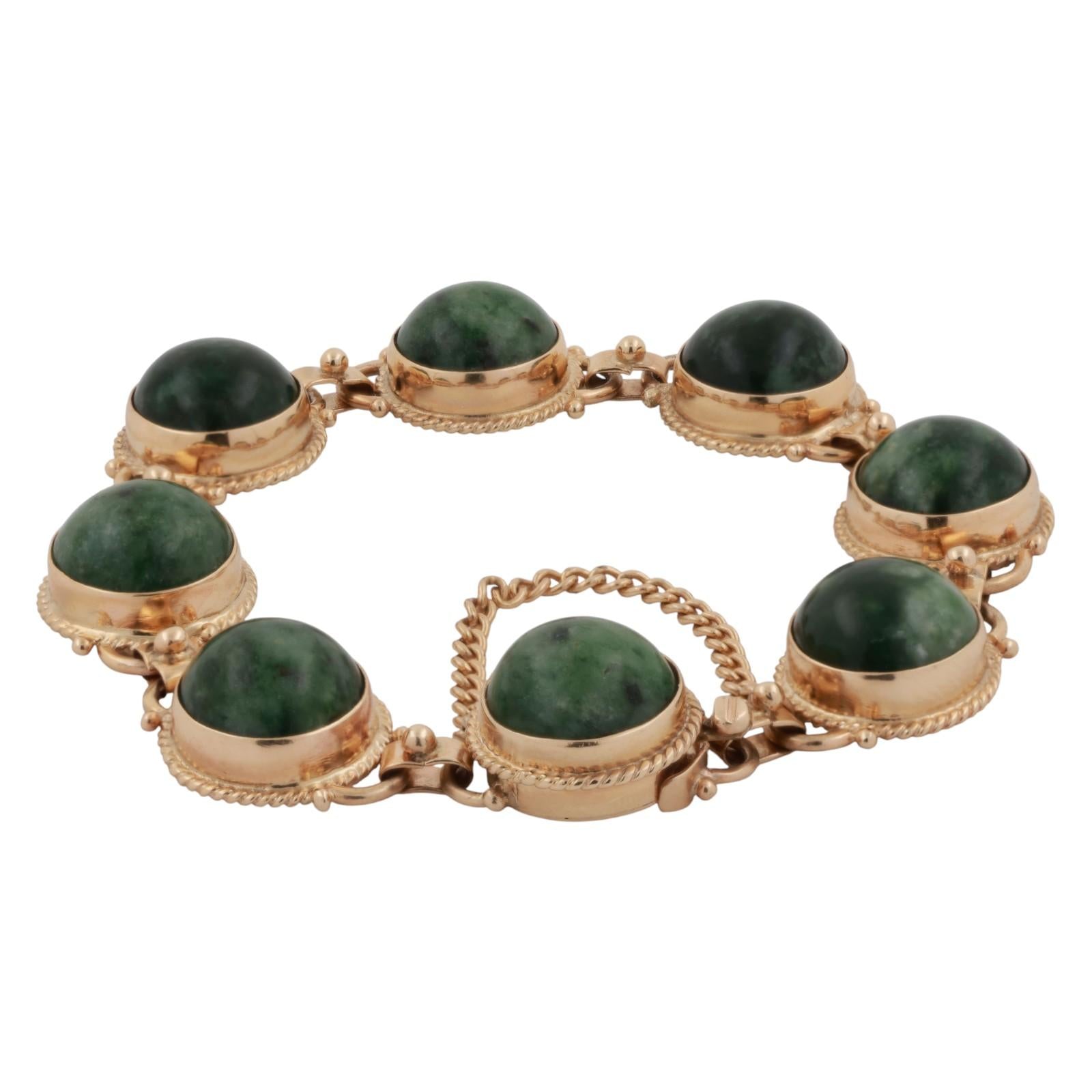 Cabochon Jadeite Gemstone Station Bracelet Yellow Gold 6.75" Unisex Estate
