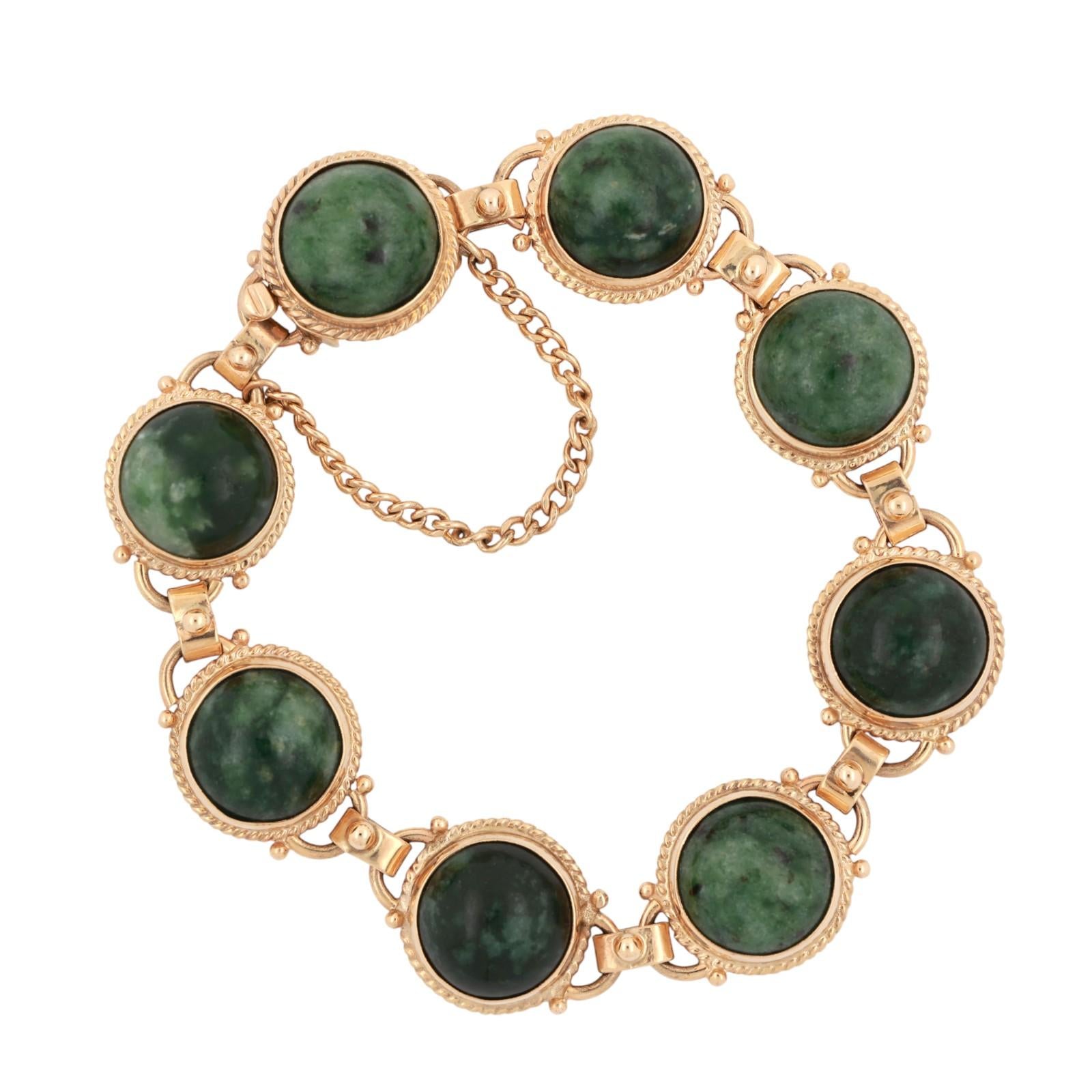 Cabochon Jadeite Gemstone Station Bracelet Yellow Gold 6.75" Unisex Estate