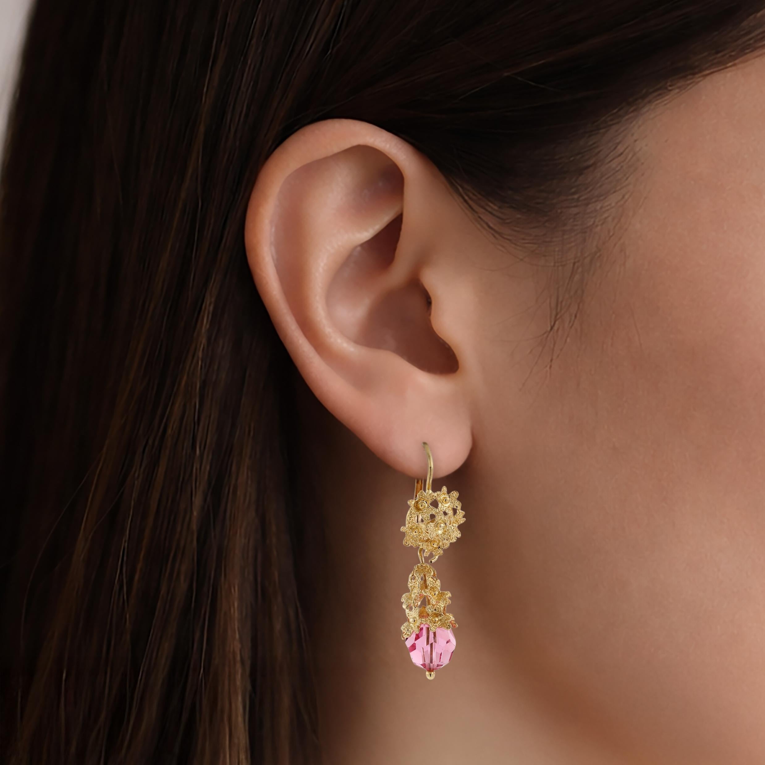 18K Gold Italian Filigree Pink Glass Bead Dangle Earrings Lever Back Estate