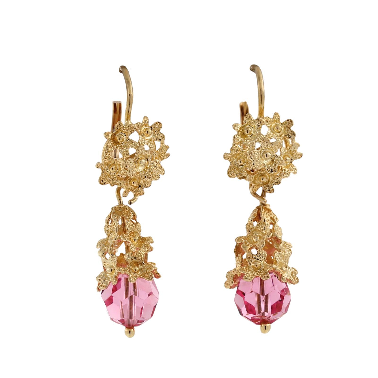 18K Gold Italian Filigree Pink Glass Bead Dangle Earrings Lever Back Estate