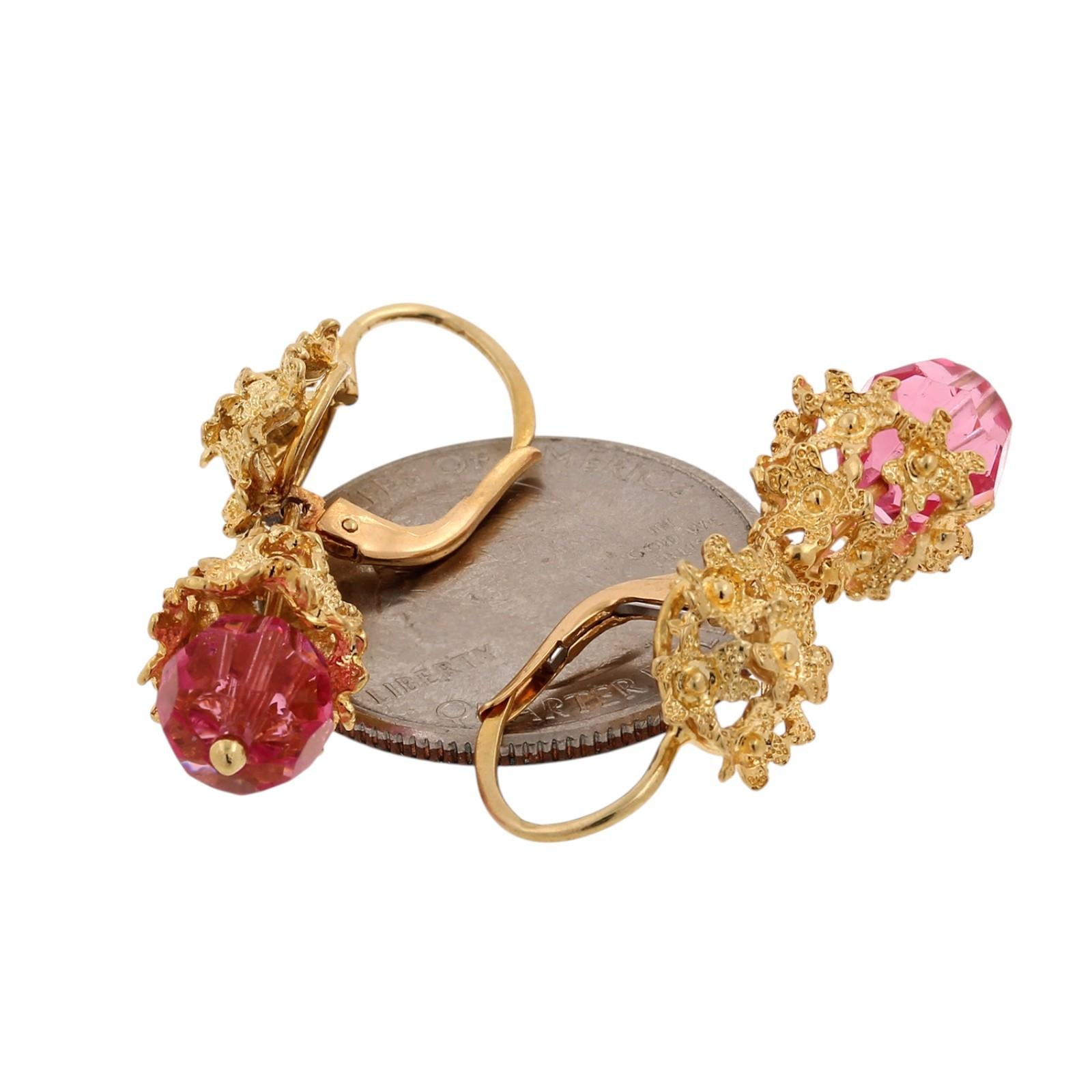 18K Gold Italian Filigree Pink Glass Bead Dangle Earrings Lever Back Estate