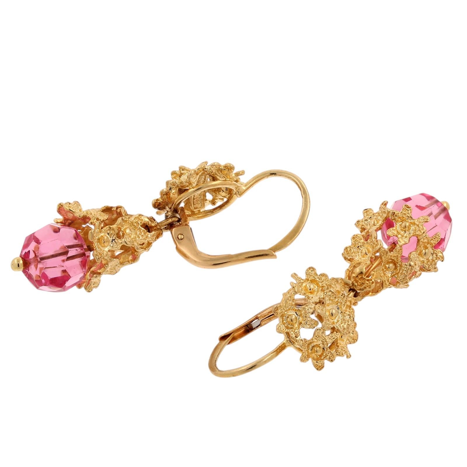 18K Gold Italian Filigree Pink Glass Bead Dangle Earrings Lever Back Estate