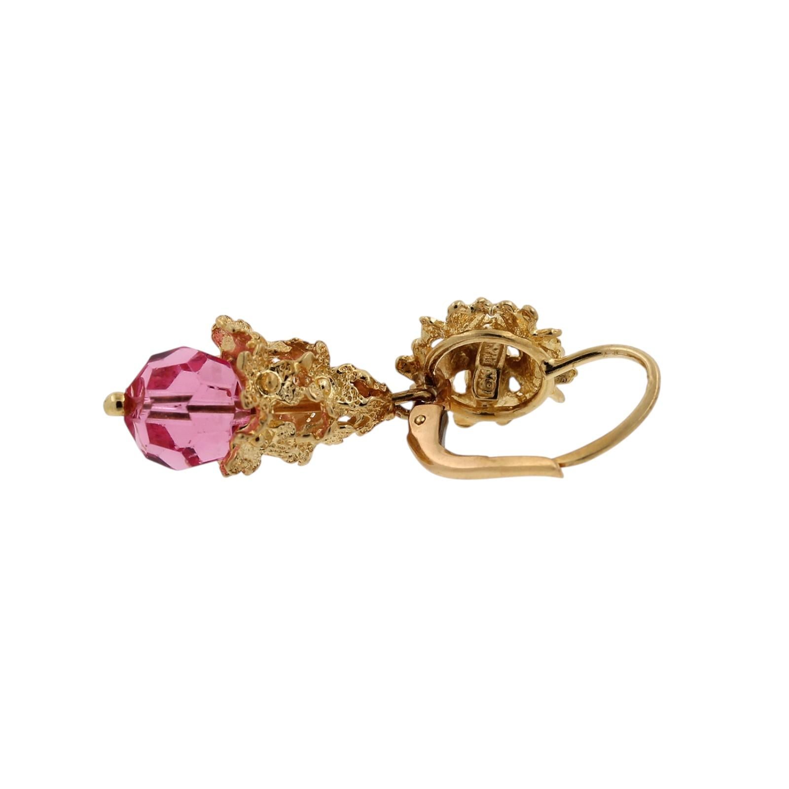 18K Gold Italian Filigree Pink Glass Bead Dangle Earrings Lever Back Estate