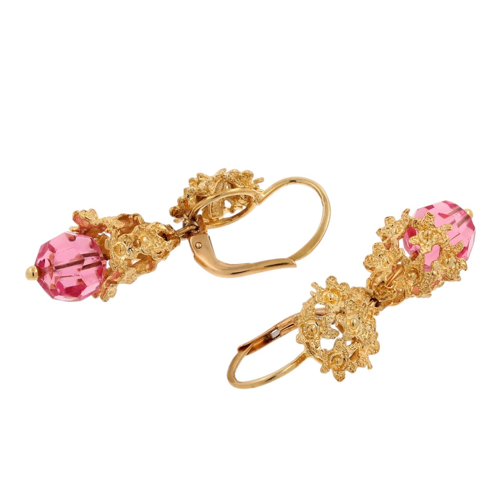 18K Gold Italian Filigree Pink Glass Bead Dangle Earrings Lever Back Estate