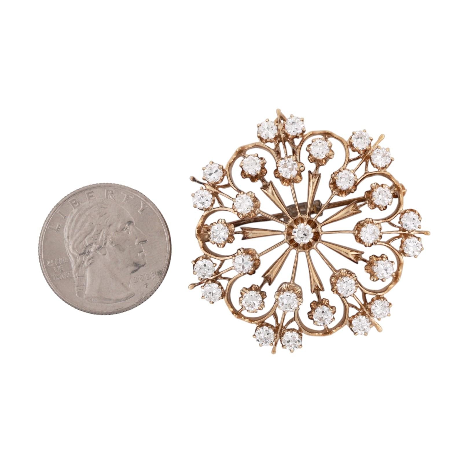 Vintage Diamond Sunburst Brooch Pin Pendant Yellow Gold 4.80CTW Estate