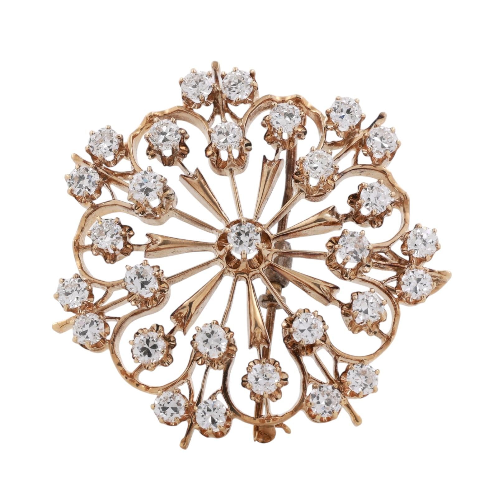 Vintage Diamond Sunburst Brooch Pin Pendant Yellow Gold 4.80CTW Estate