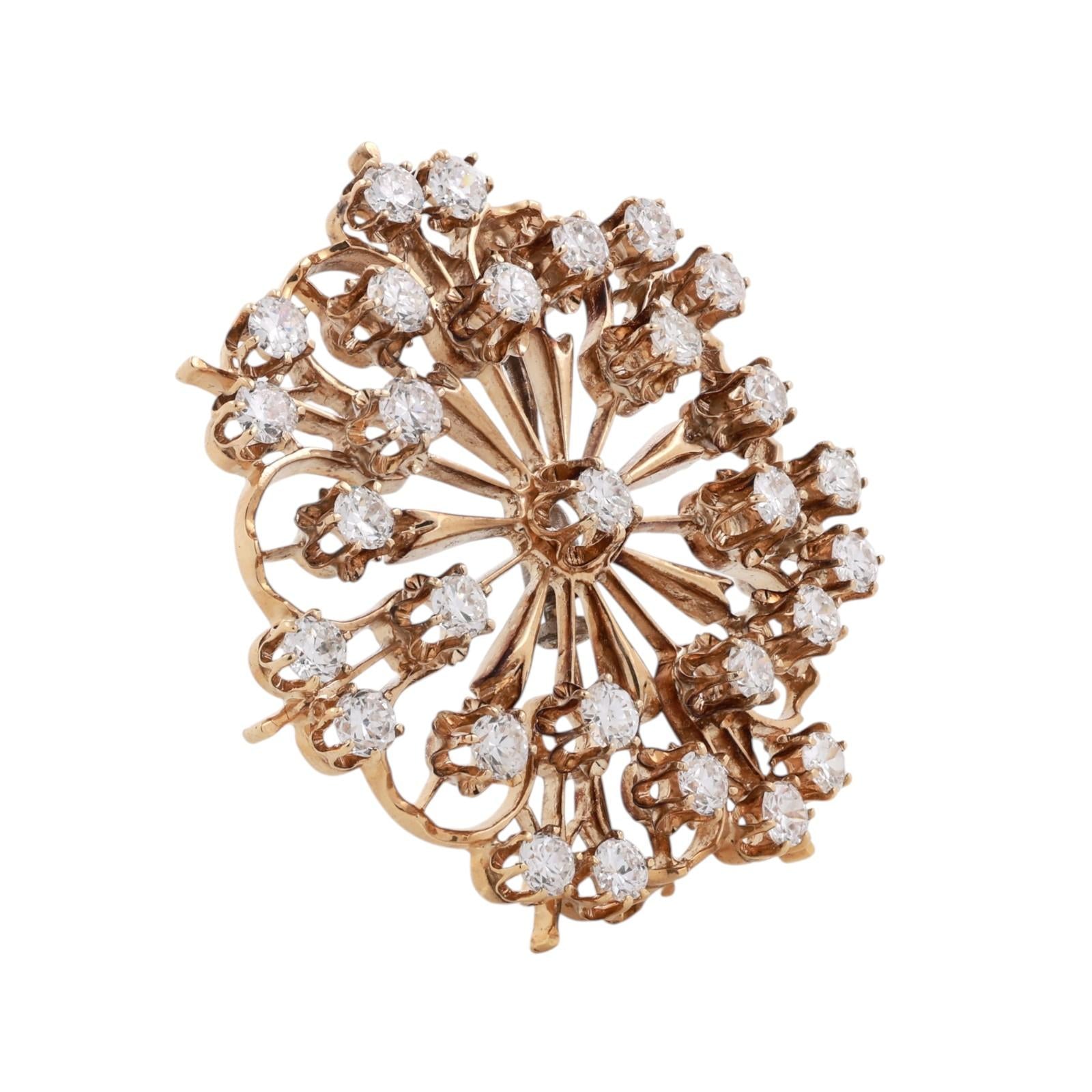 Vintage Diamond Sunburst Brooch Pin Pendant Yellow Gold 4.80CTW Estate
