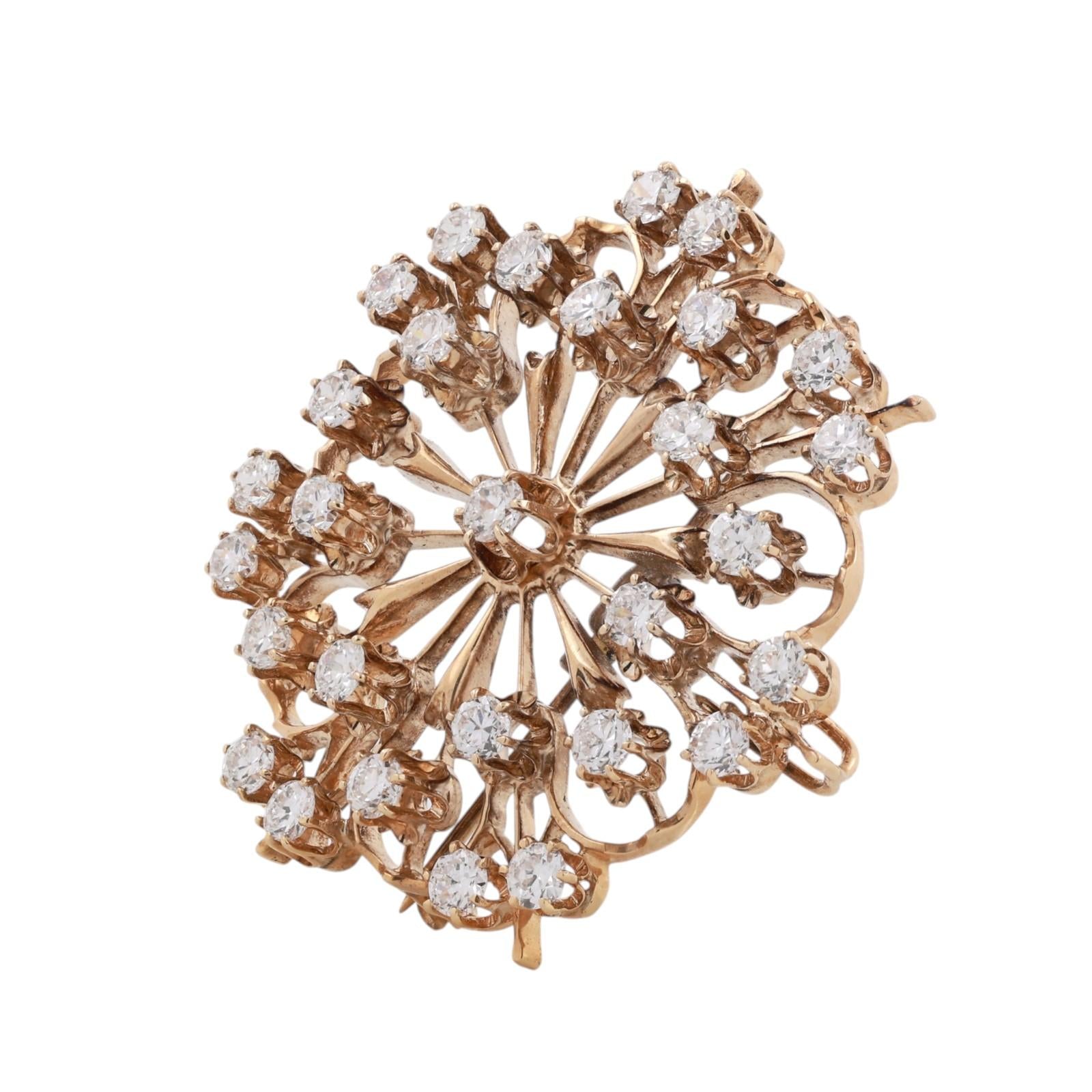 Vintage Diamond Sunburst Brooch Pin Pendant Yellow Gold 4.80CTW Estate