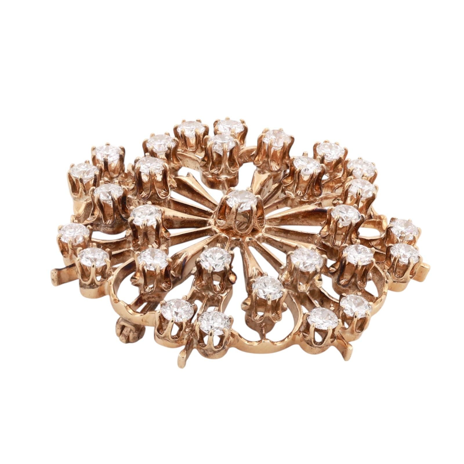 Vintage Diamond Sunburst Brooch Pin Pendant Yellow Gold 4.80CTW Estate