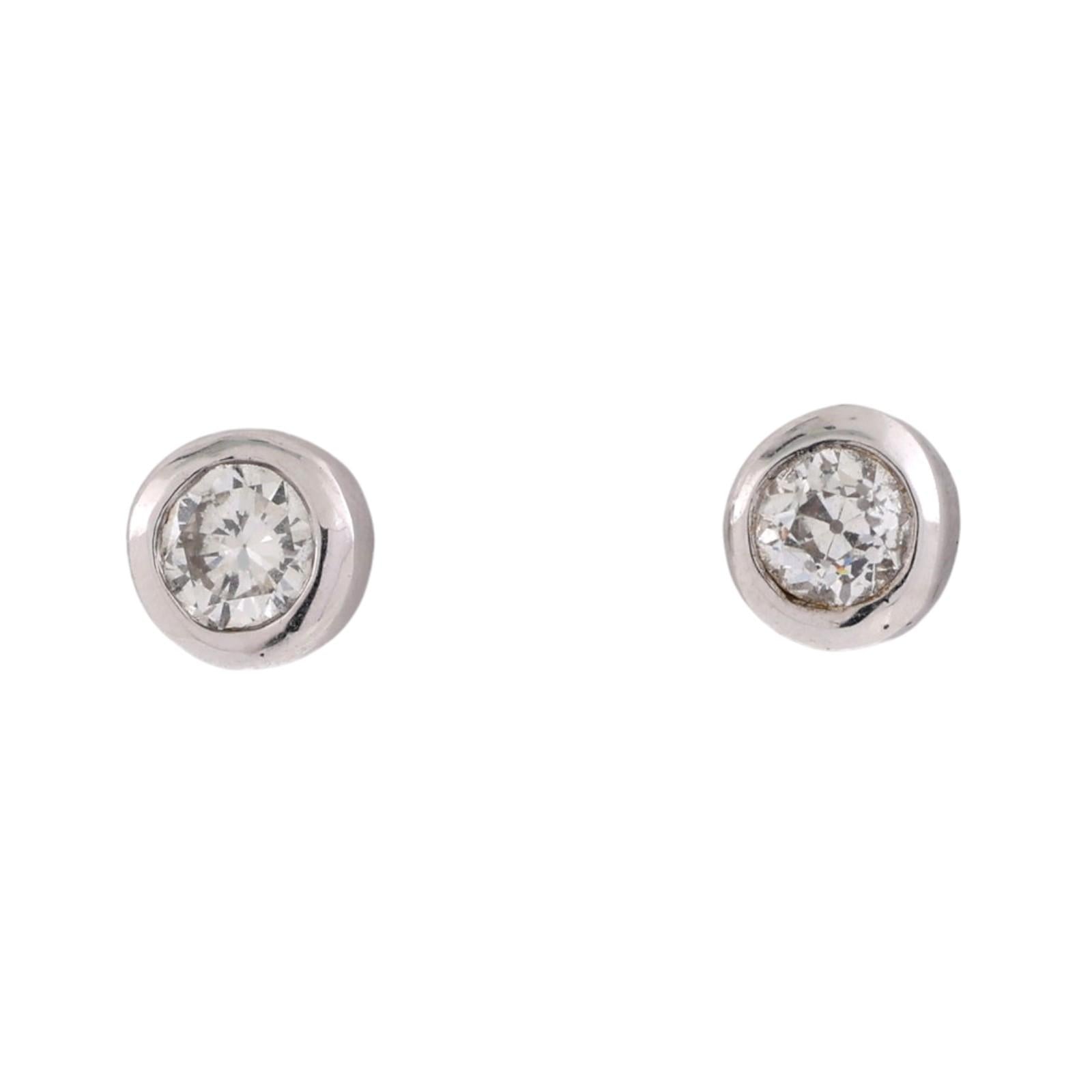 White Gold 0.80 CTW Natural Round Diamond Bezel Set Stud Earrings Platinum Backs
