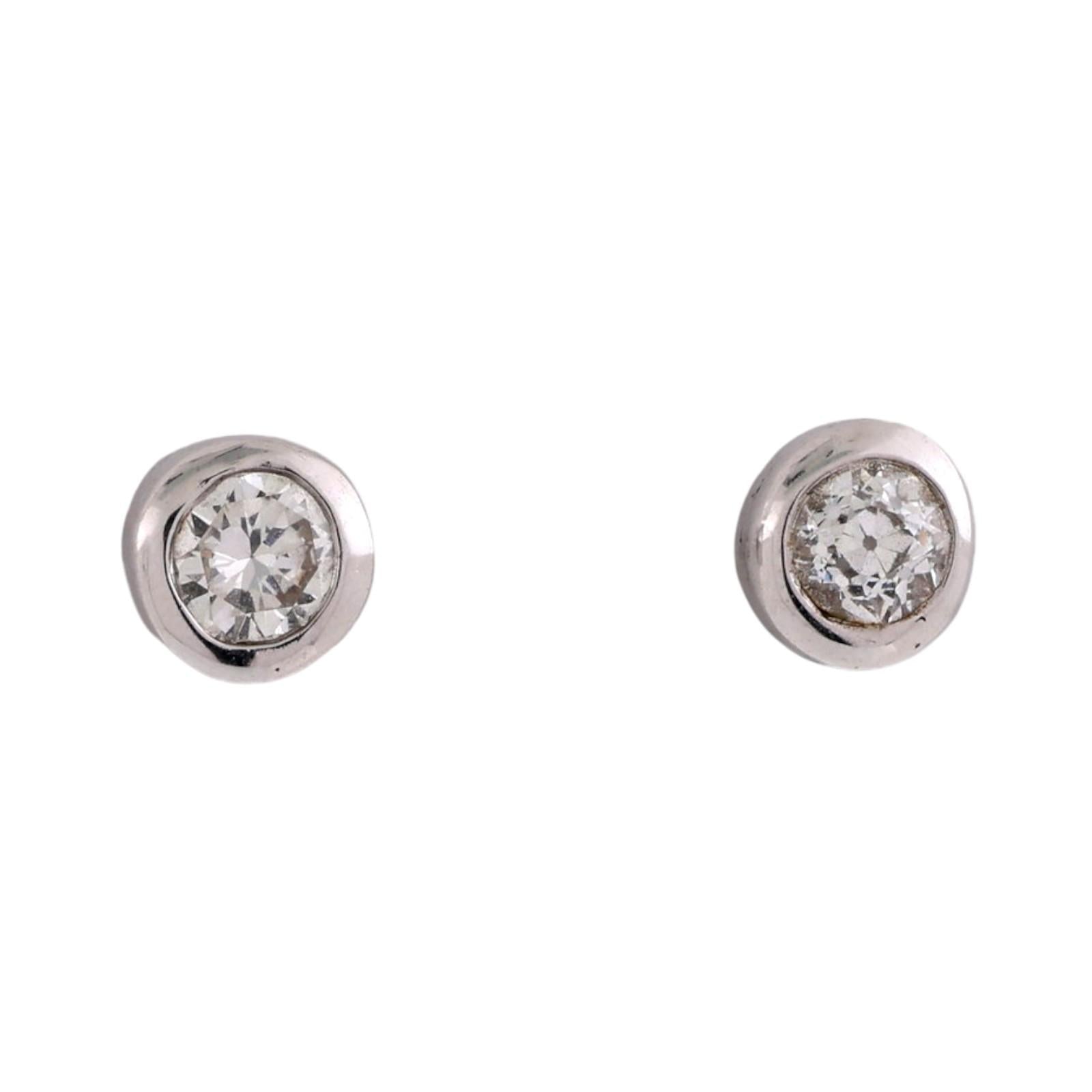 White Gold 0.80 CTW Natural Round Diamond Bezel Set Stud Earrings Platinum Backs