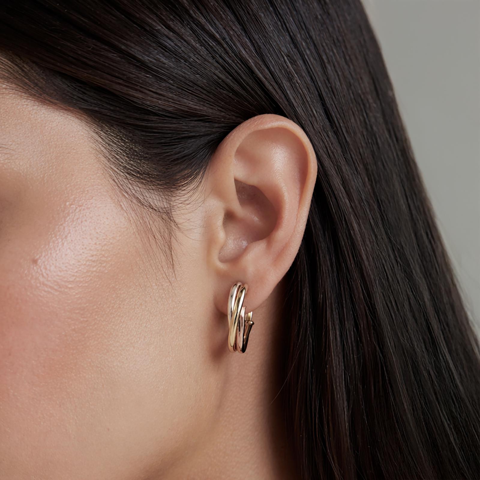 Cartier 18K Tri Color Gold Hoop Earrings Trinity Style Omega Back