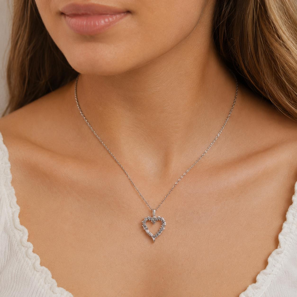 10K White Gold 0.30ctw Diamond Open Heart Pendant Estate Love Charm