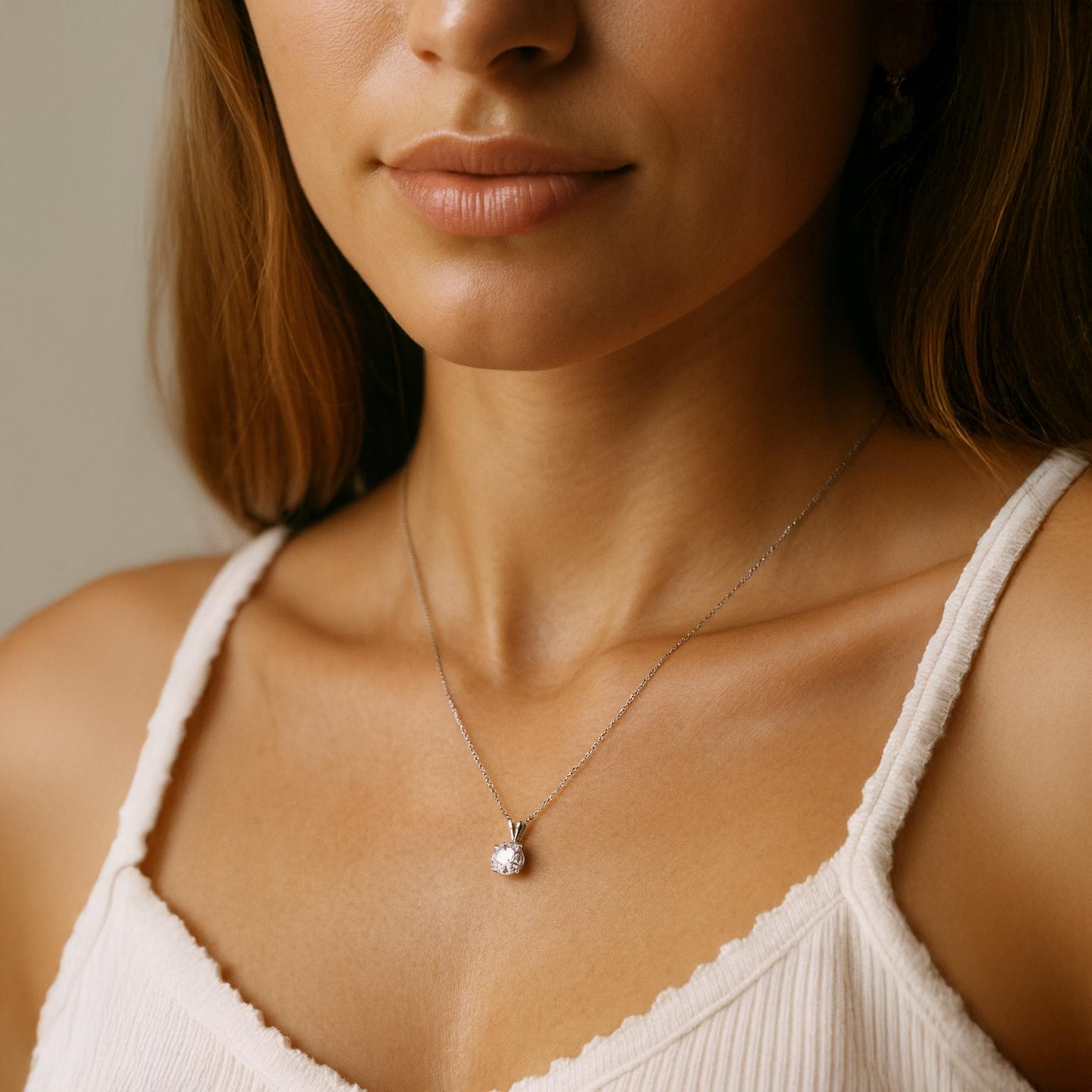 1.07 CT Solitaire Round Diamond Pendant Chain Necklace 14K White Gold 18"