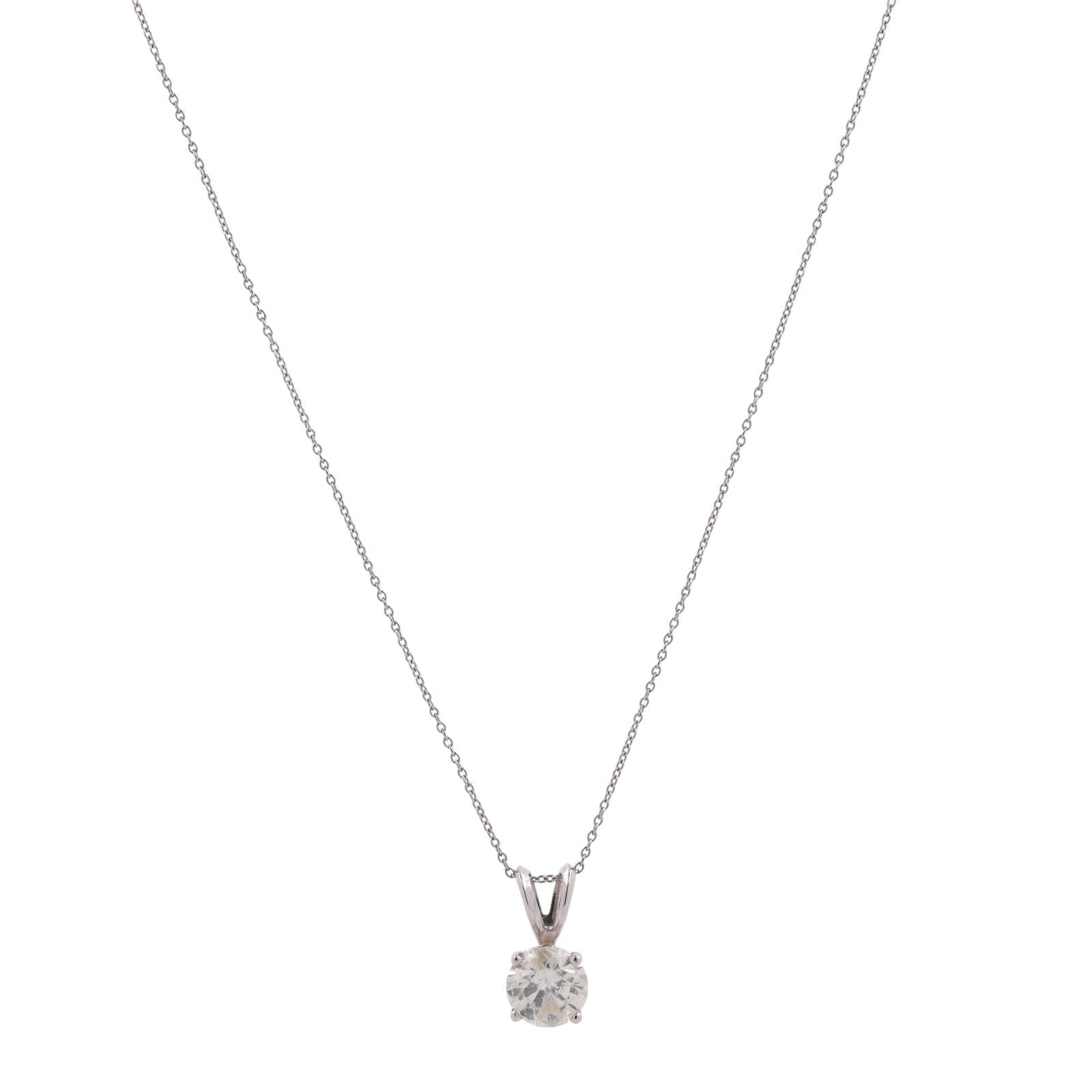 1.07 CT Solitaire Round Diamond Pendant Chain Necklace 14K White Gold 18"