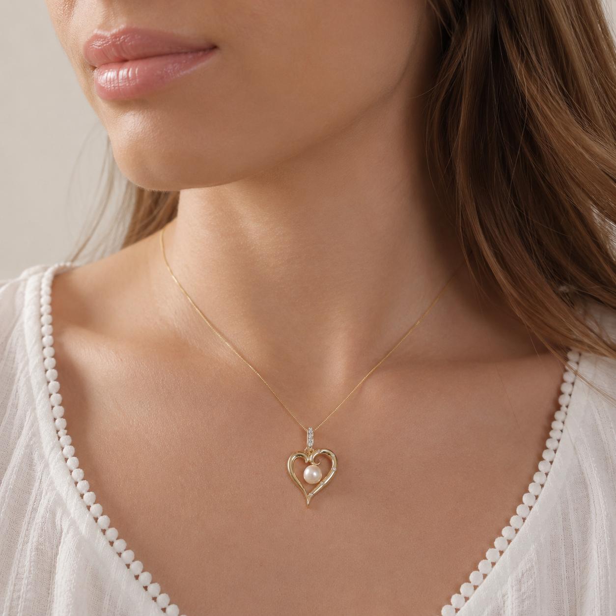 14K Yellow Gold Cultured Pearl Diamond Open Heart Enhancer Pendant