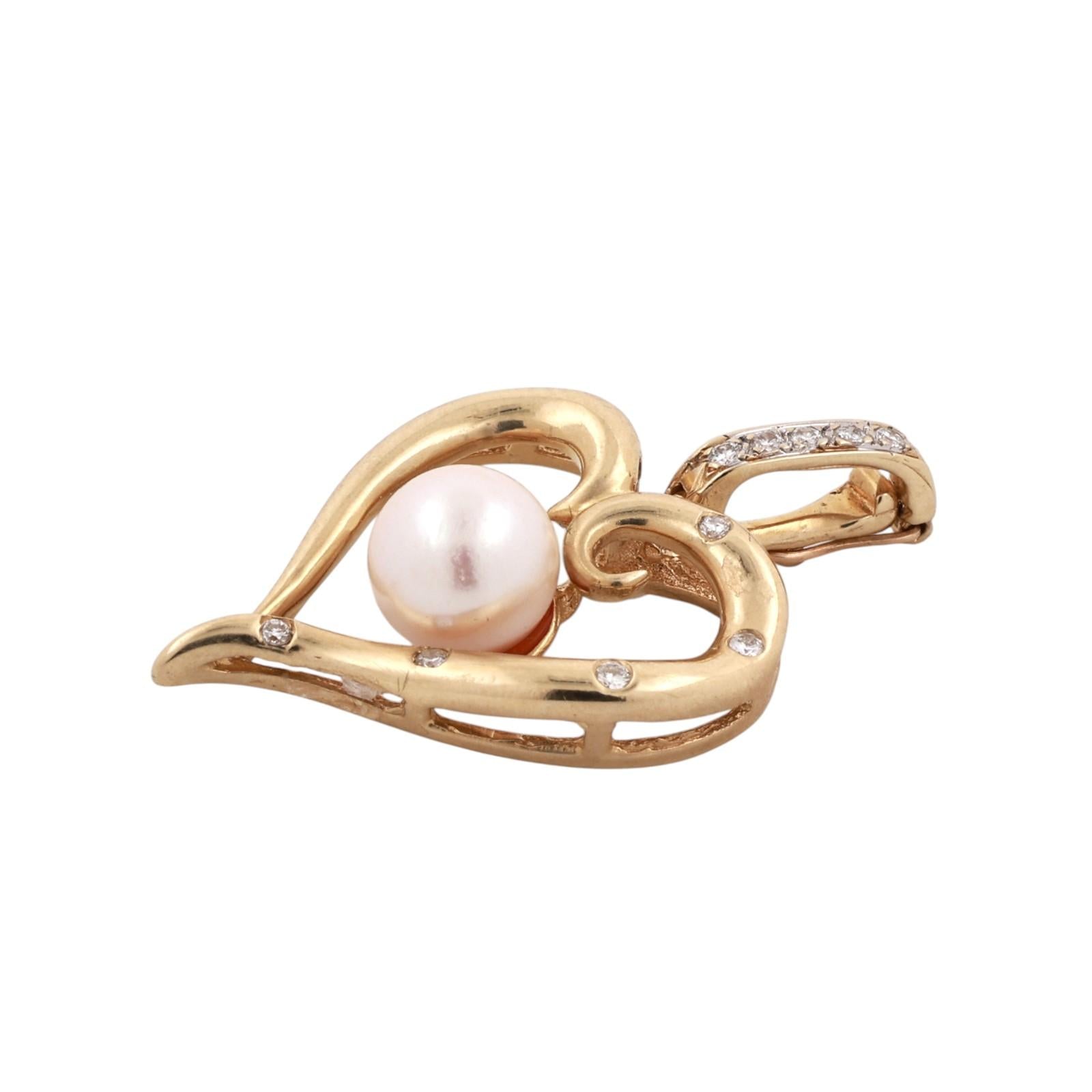 14K Yellow Gold Cultured Pearl Diamond Open Heart Enhancer Pendant
