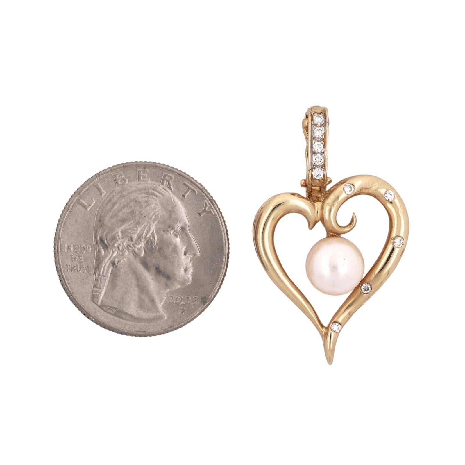 14K Yellow Gold Cultured Pearl Diamond Open Heart Enhancer Pendant