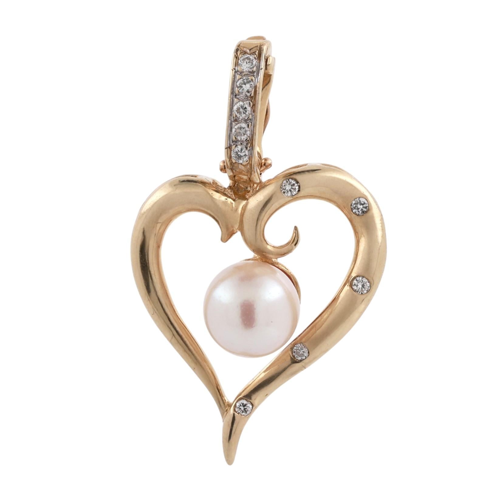 14K Yellow Gold Cultured Pearl Diamond Open Heart Enhancer Pendant