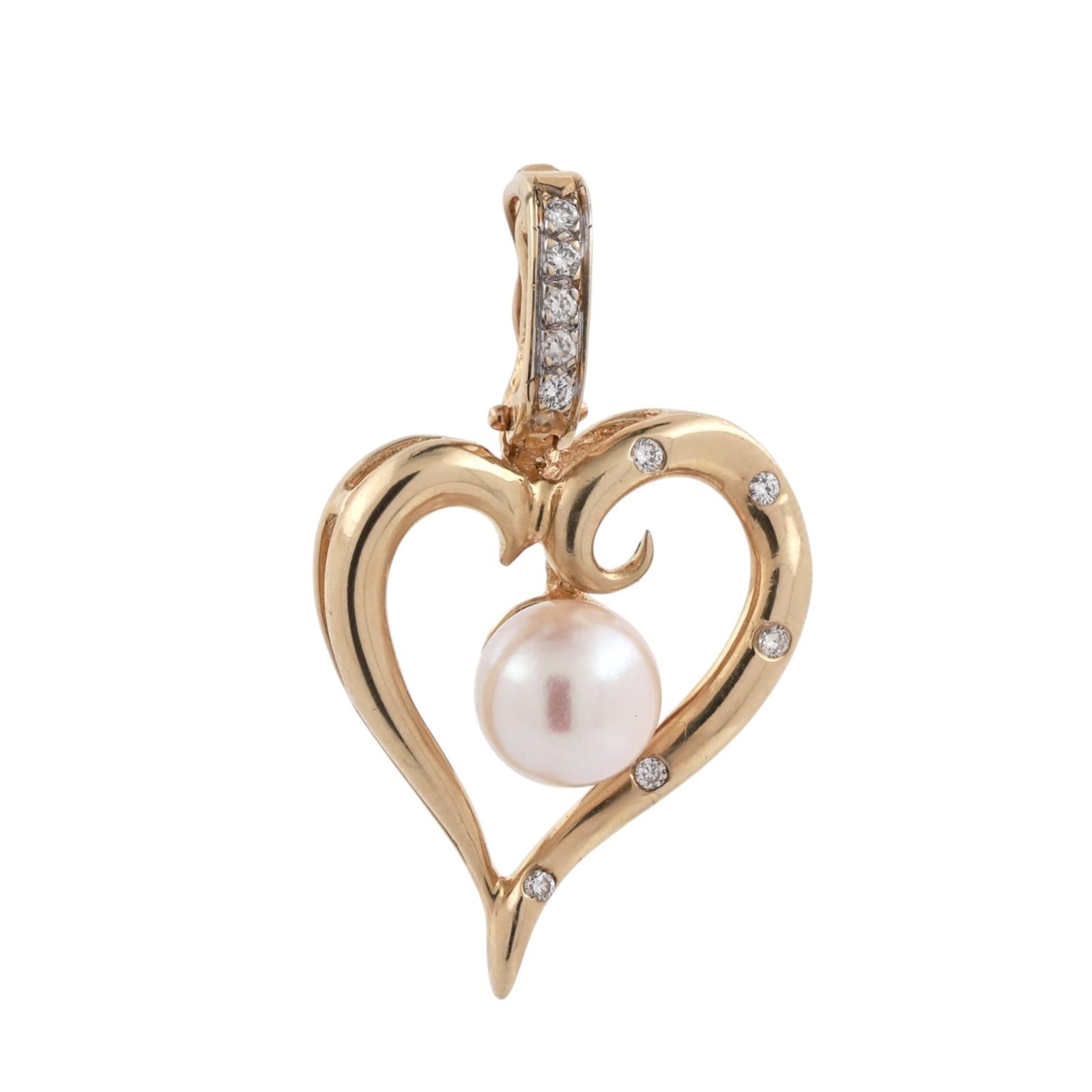 14K Yellow Gold Cultured Pearl Diamond Open Heart Enhancer Pendant