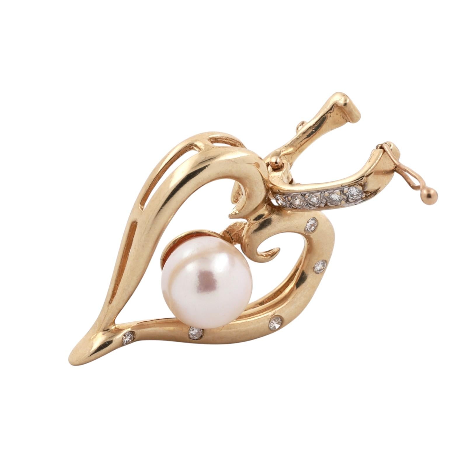 14K Yellow Gold Cultured Pearl Diamond Open Heart Enhancer Pendant