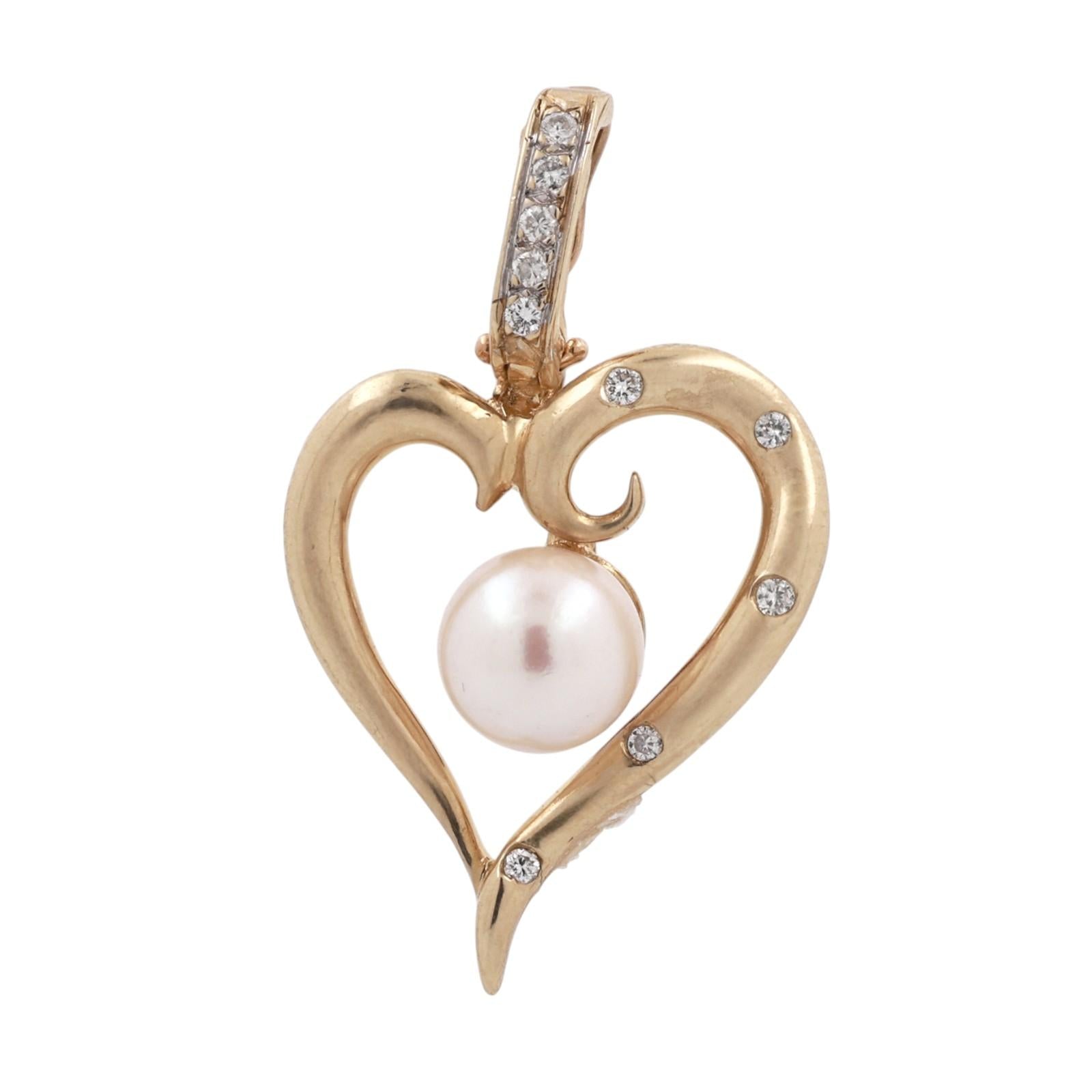 14K Yellow Gold Cultured Pearl Diamond Open Heart Enhancer Pendant