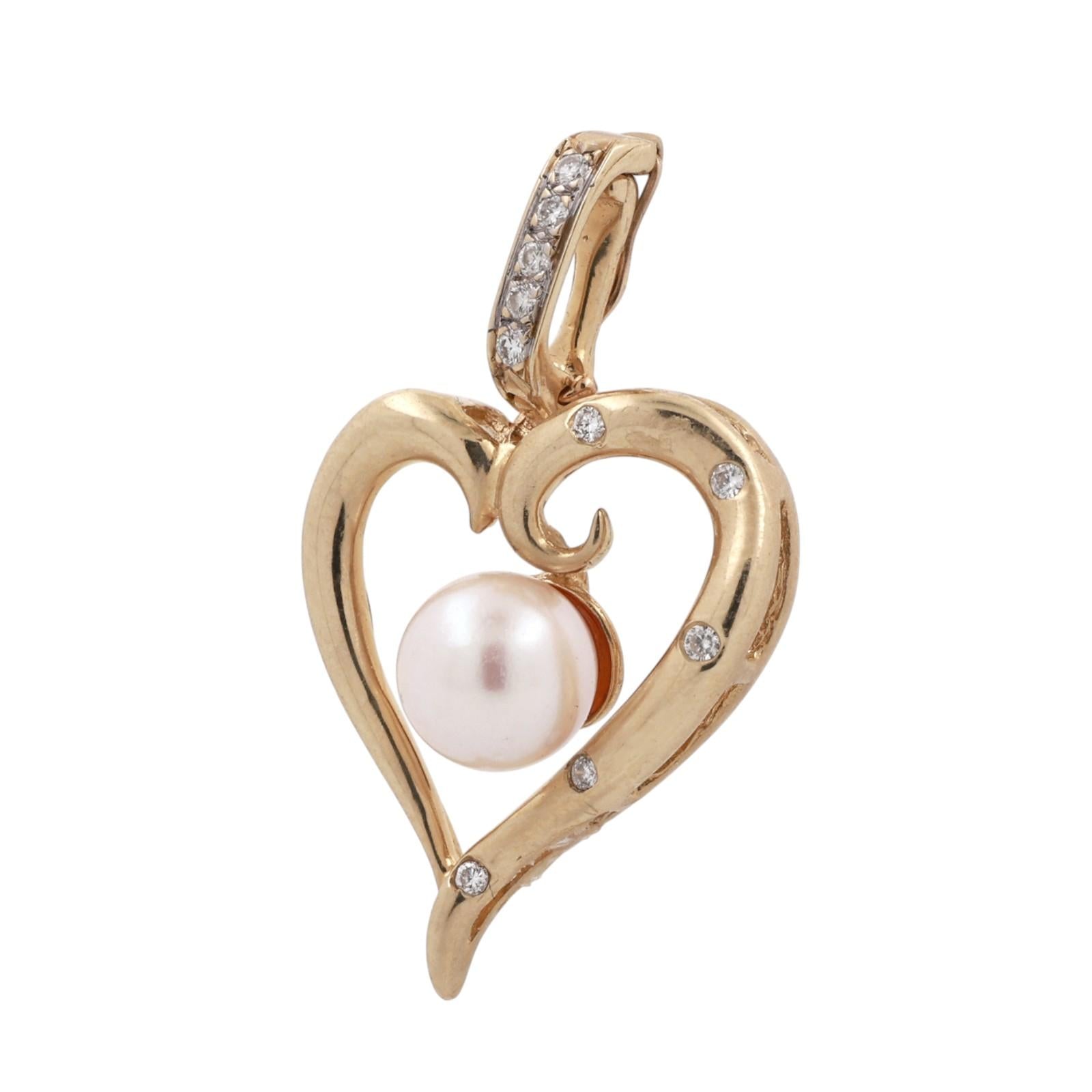 14K Yellow Gold Cultured Pearl Diamond Open Heart Enhancer Pendant
