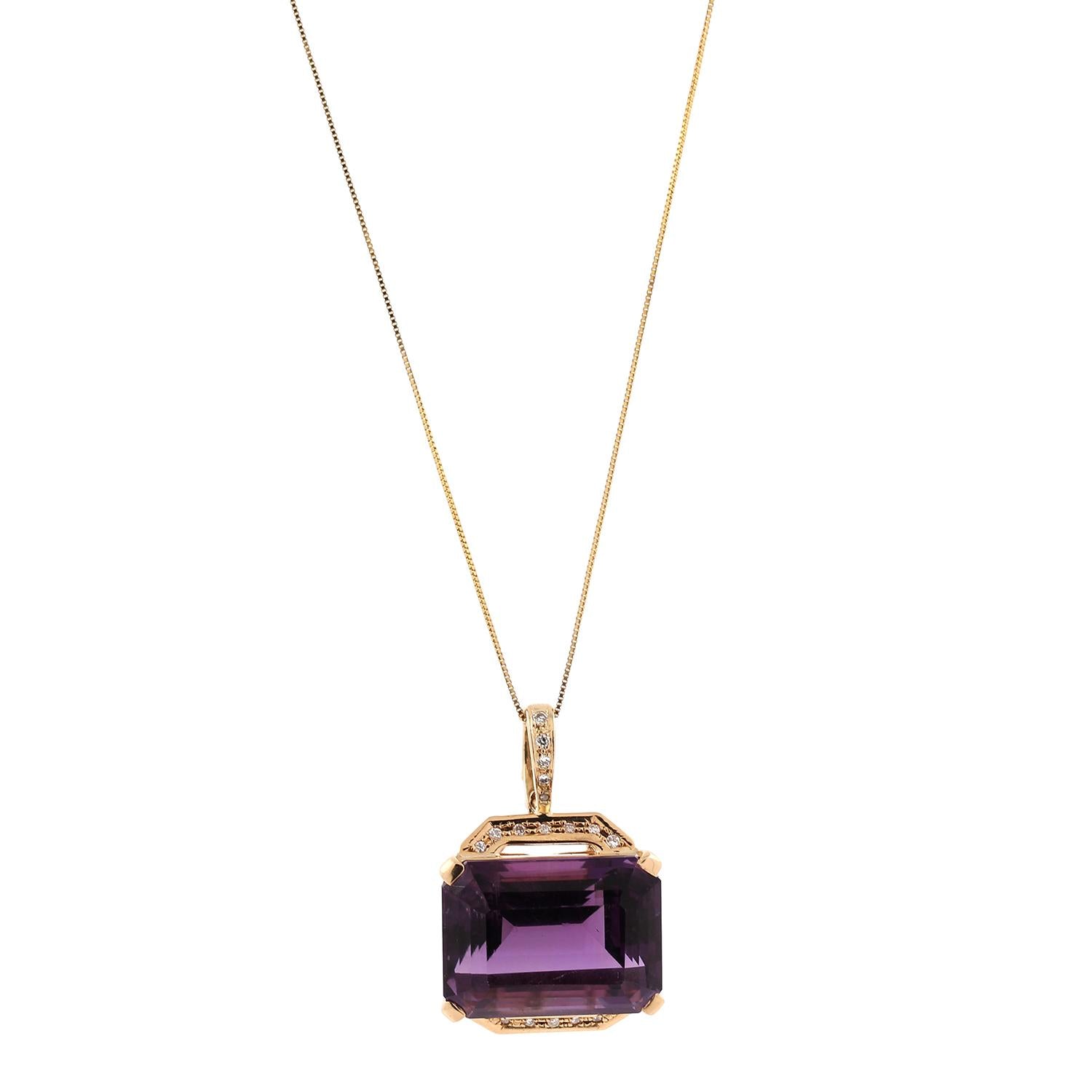 33 CT Emerald Cut Amethyst Diamond Pendant 14K Yellow Gold 1.25" Estate