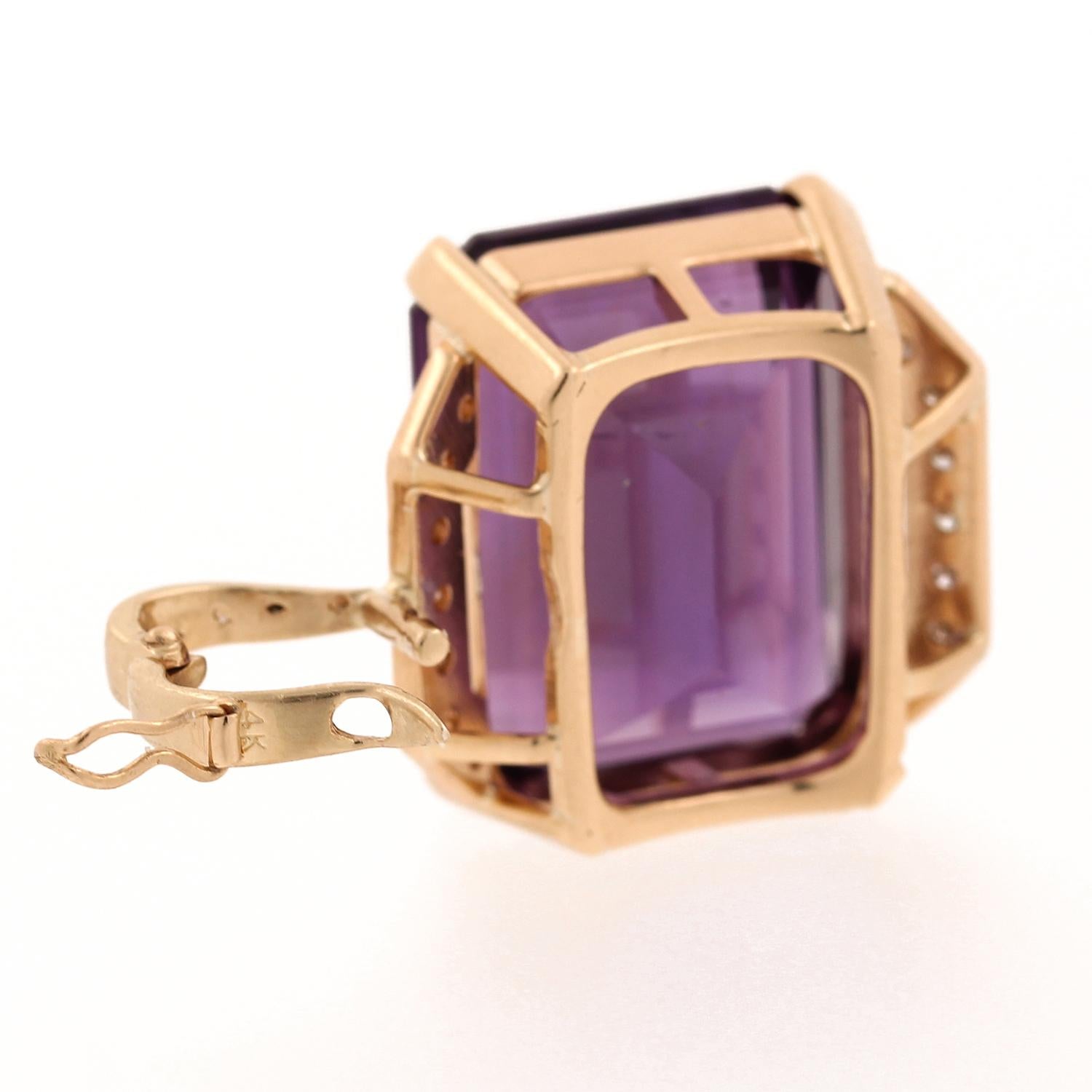 33 CT Emerald Cut Amethyst Diamond Pendant 14K Yellow Gold 1.25" Estate
