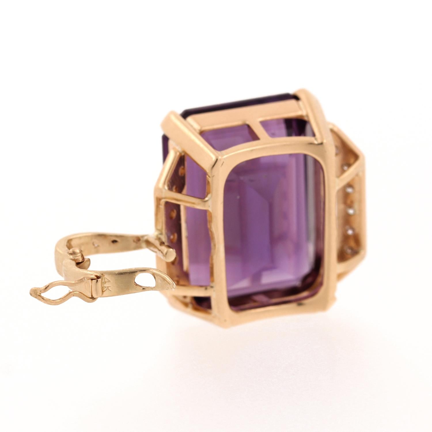 33 CT Emerald Cut Amethyst Diamond Pendant 14K Yellow Gold 1.25" Estate