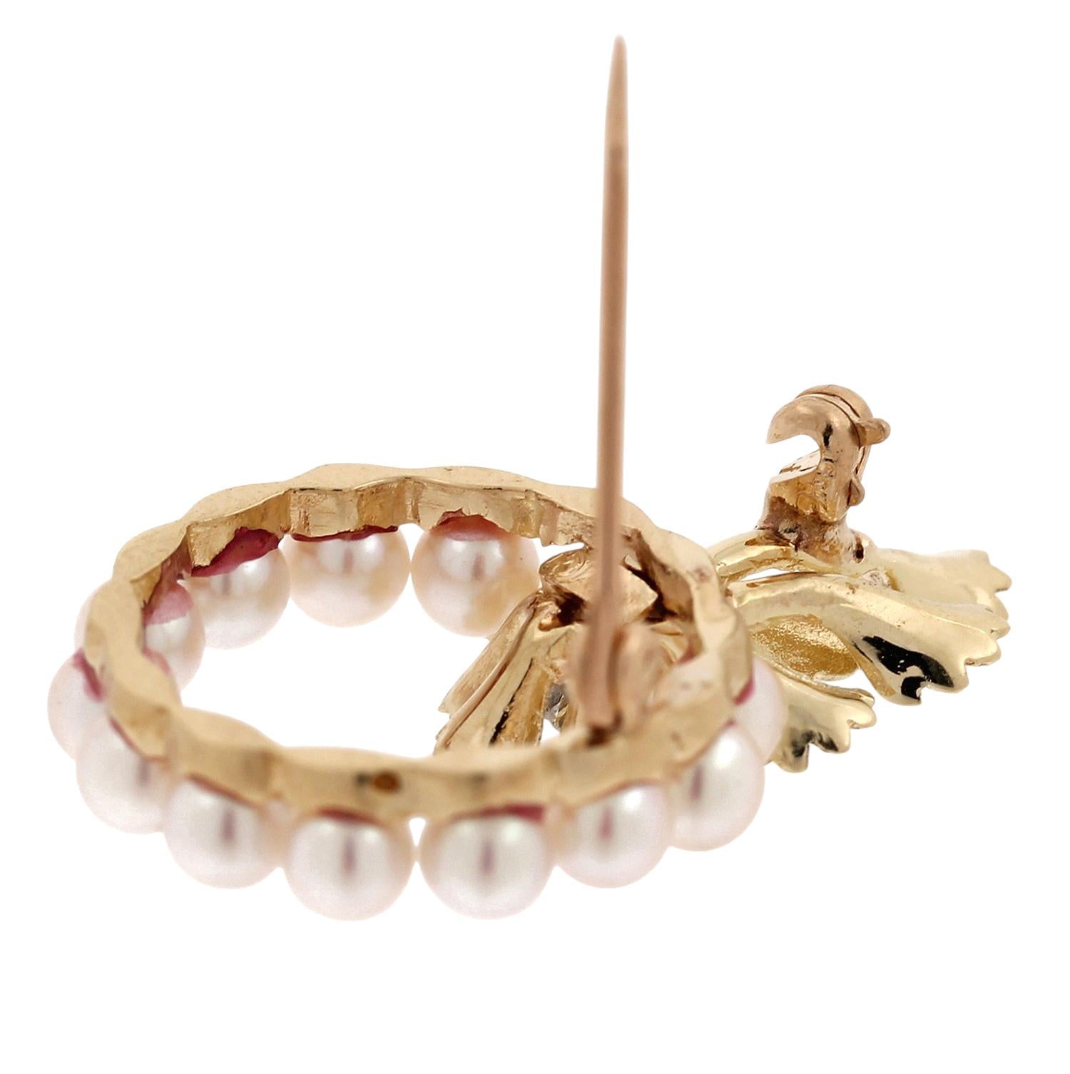 Yellow Gold Akoya Pearl Diamond Floral Leaf Wreath Brooch Pin