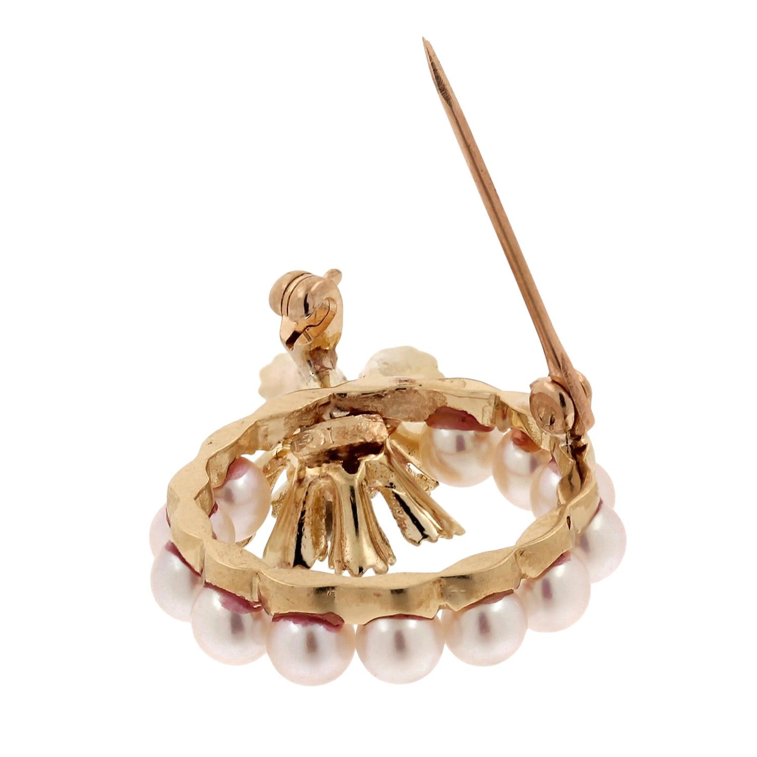 Yellow Gold Akoya Pearl Diamond Floral Leaf Wreath Brooch Pin