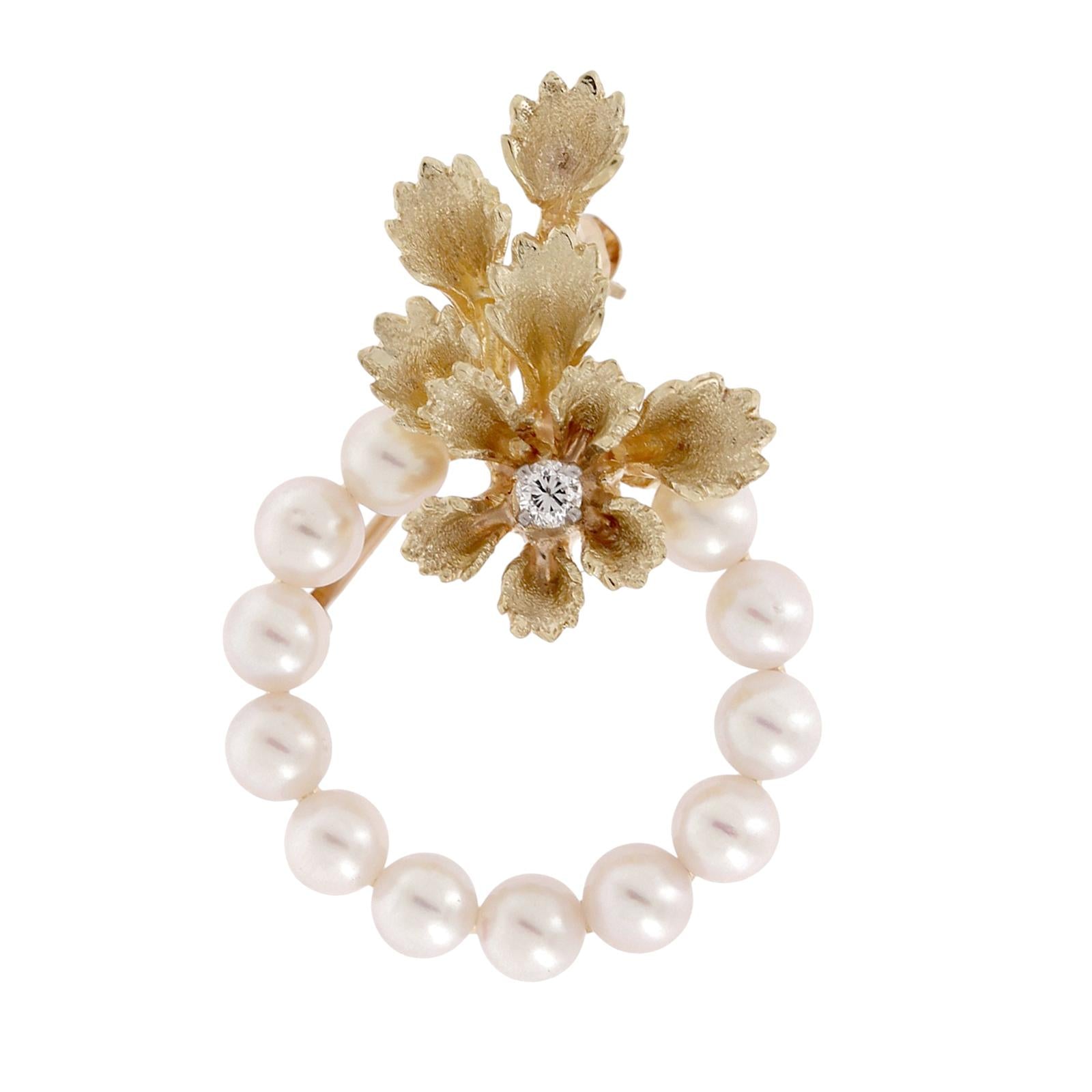 Yellow Gold Akoya Pearl Diamond Floral Leaf Wreath Brooch Pin