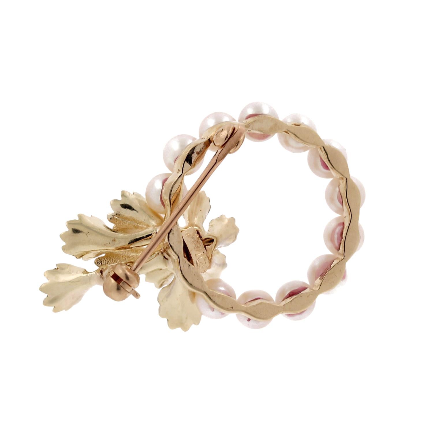 Yellow Gold Akoya Pearl Diamond Floral Leaf Wreath Brooch Pin